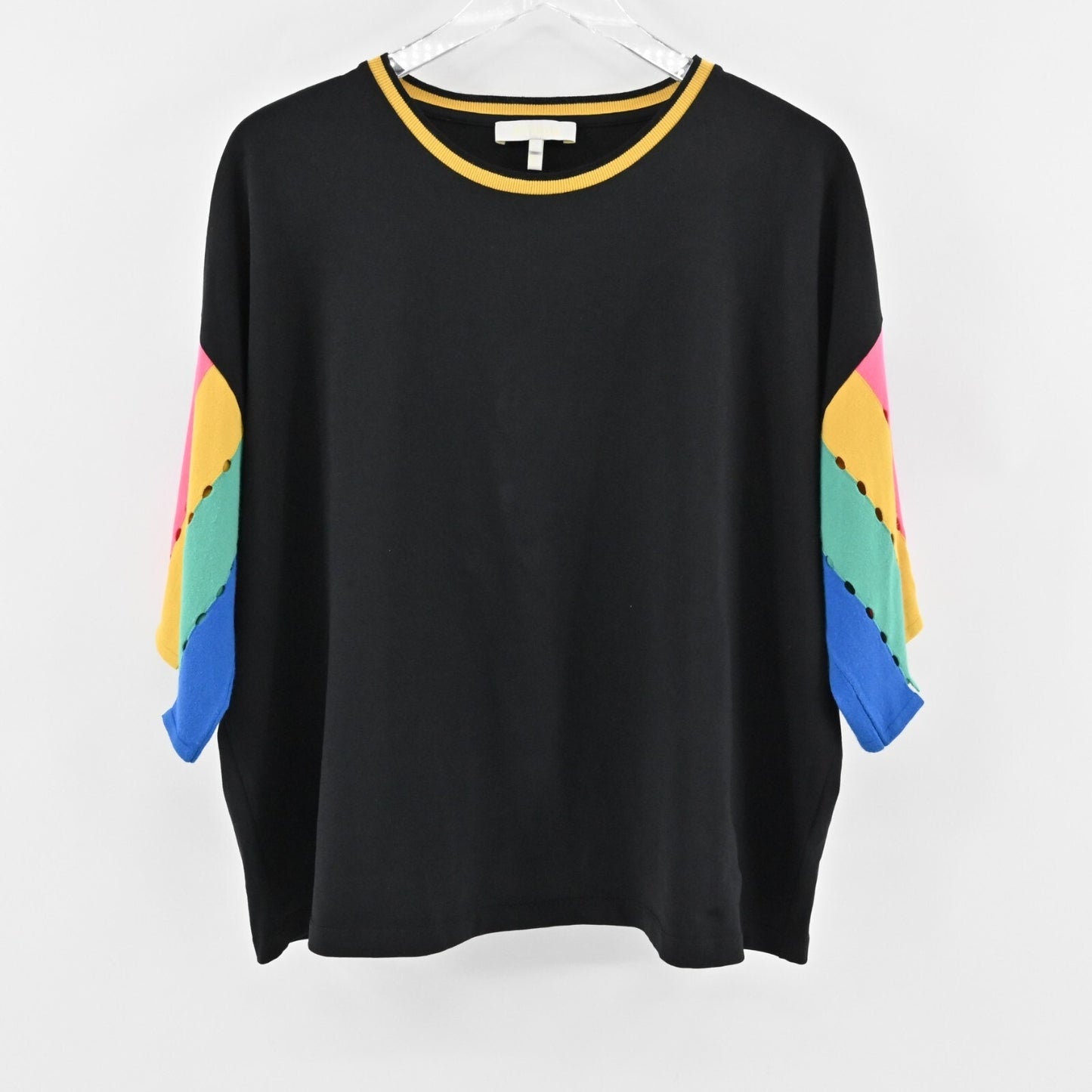 KNITSS Top Womens Size L Didi Knit Black Multicolor Rainbow Stripe Sleeve Shirt