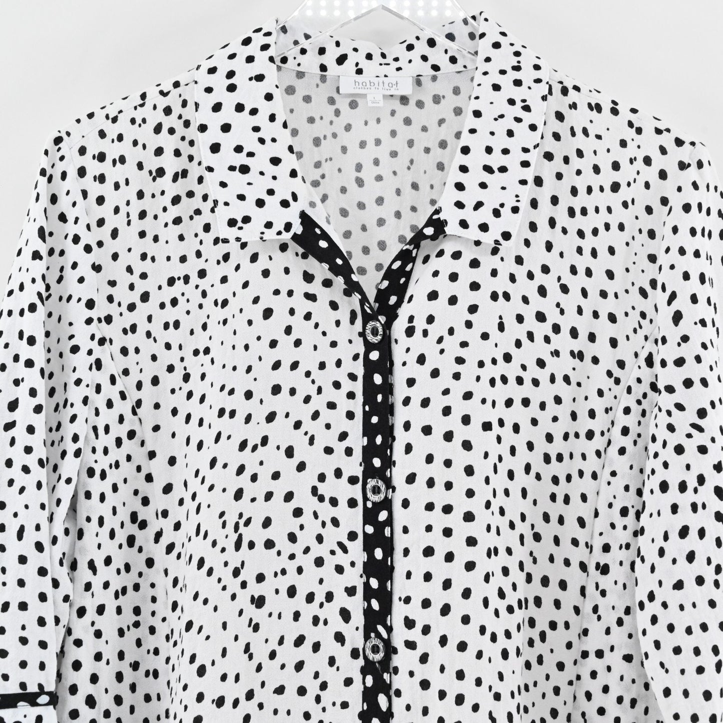 HABITAT Womens Polka Dot Top Sz L White Black Button Retro Lagenlook Art to Wear
