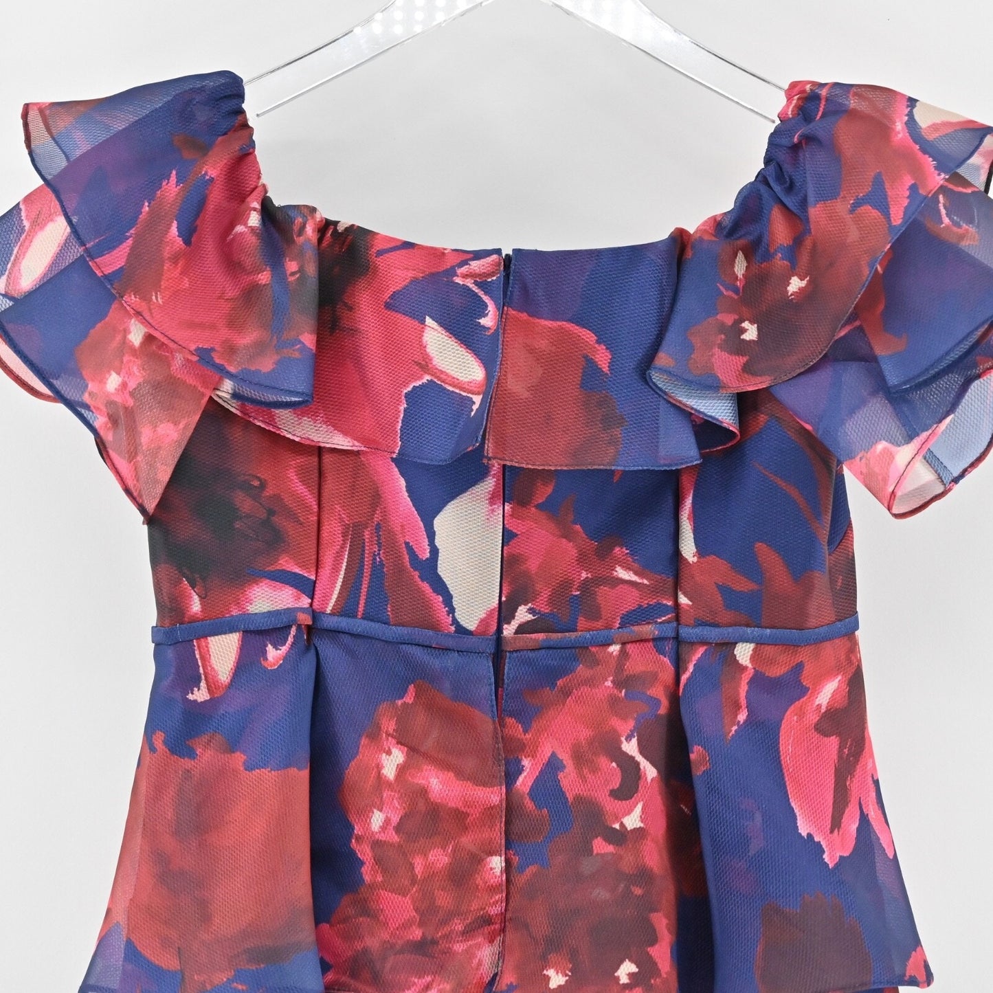 RICKIE FREEMAN TERI JON Tiered Cocktail Dress Sz 6 Blue Floral Off The Shoulder