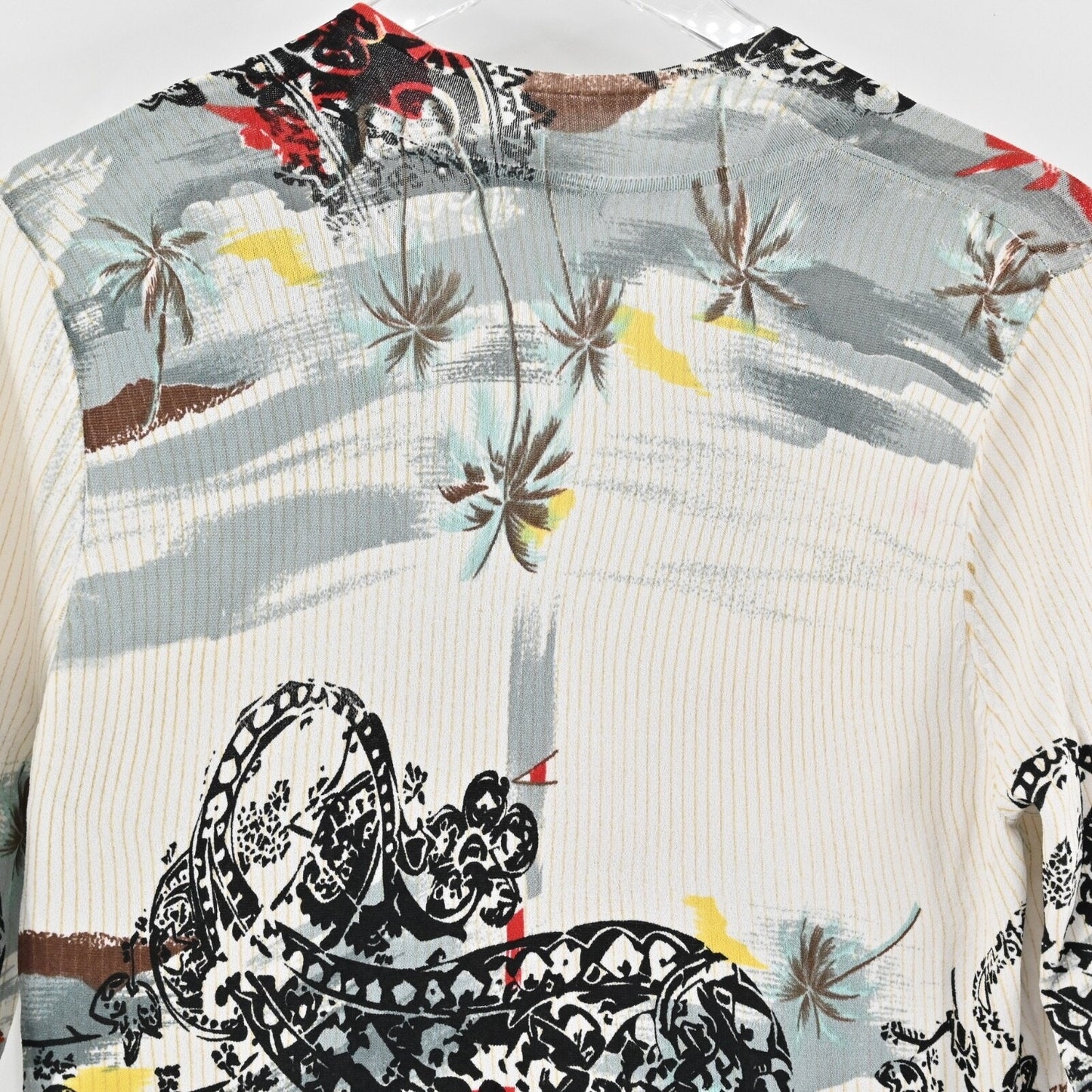 Vtg ALBERTO MAKALI Cardigan Womens Sz L Ivory Tropical Print V Neck Full Zip Y2k