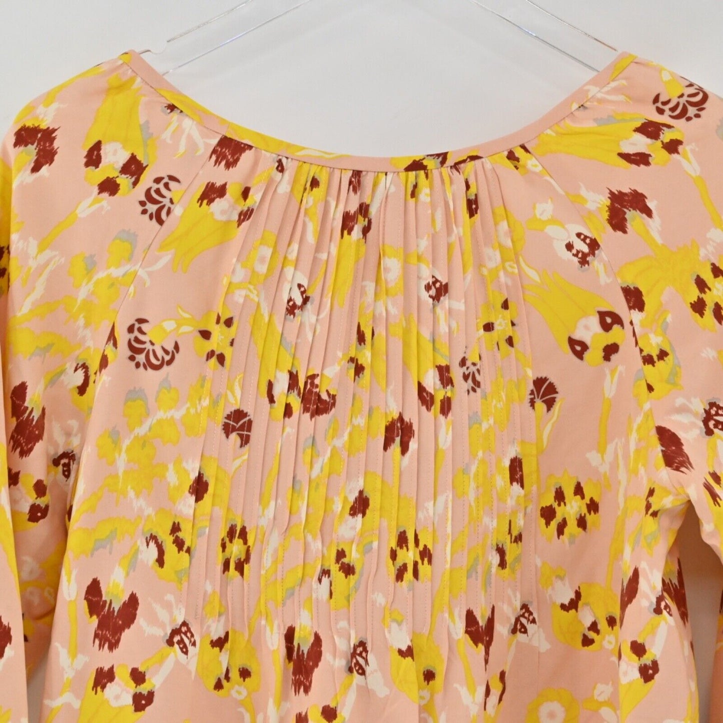 TIBI Top Womens Sz 4 Blush Pink Boho Floral 100% Silk Pleated 3/4 Sleeve Blouse