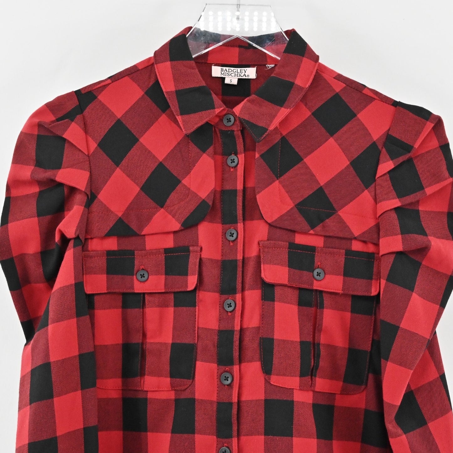 BADGLEY MISCHKA Top Womens Size S Red Black Gingham Button Front Pocket Blouse