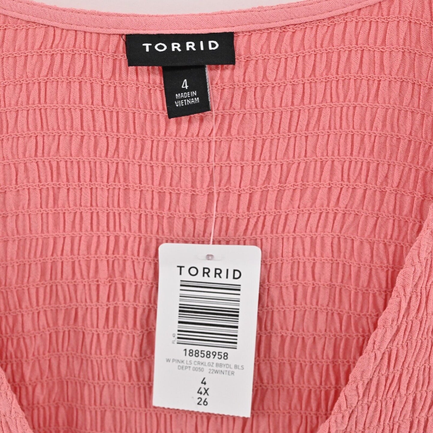 TORRID Top Womens Size 4X Babydoll Crinkle Gauze Smocked VNeck Woven Pink NEW