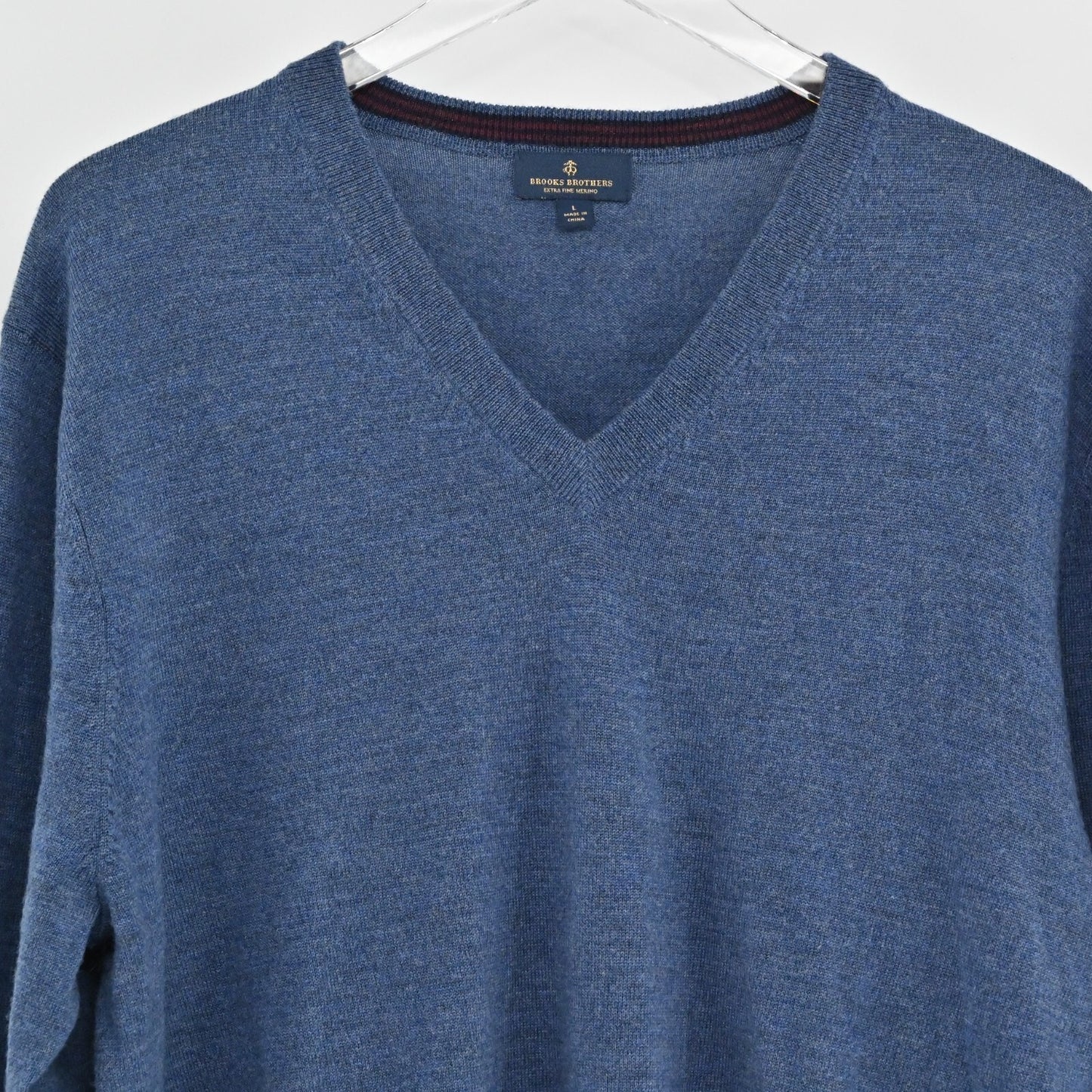 BROOKS BROTHERS Mens Merino Wool Sweater Sz L Blue Pullover V Neck Knit Academia