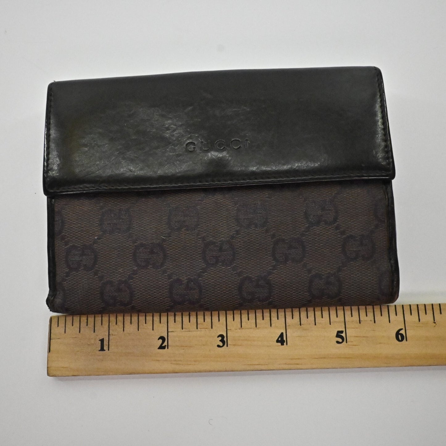 Vtg GUCCI Wallet Brown Leather Classic Monogram GG Logo Print Fold Compact