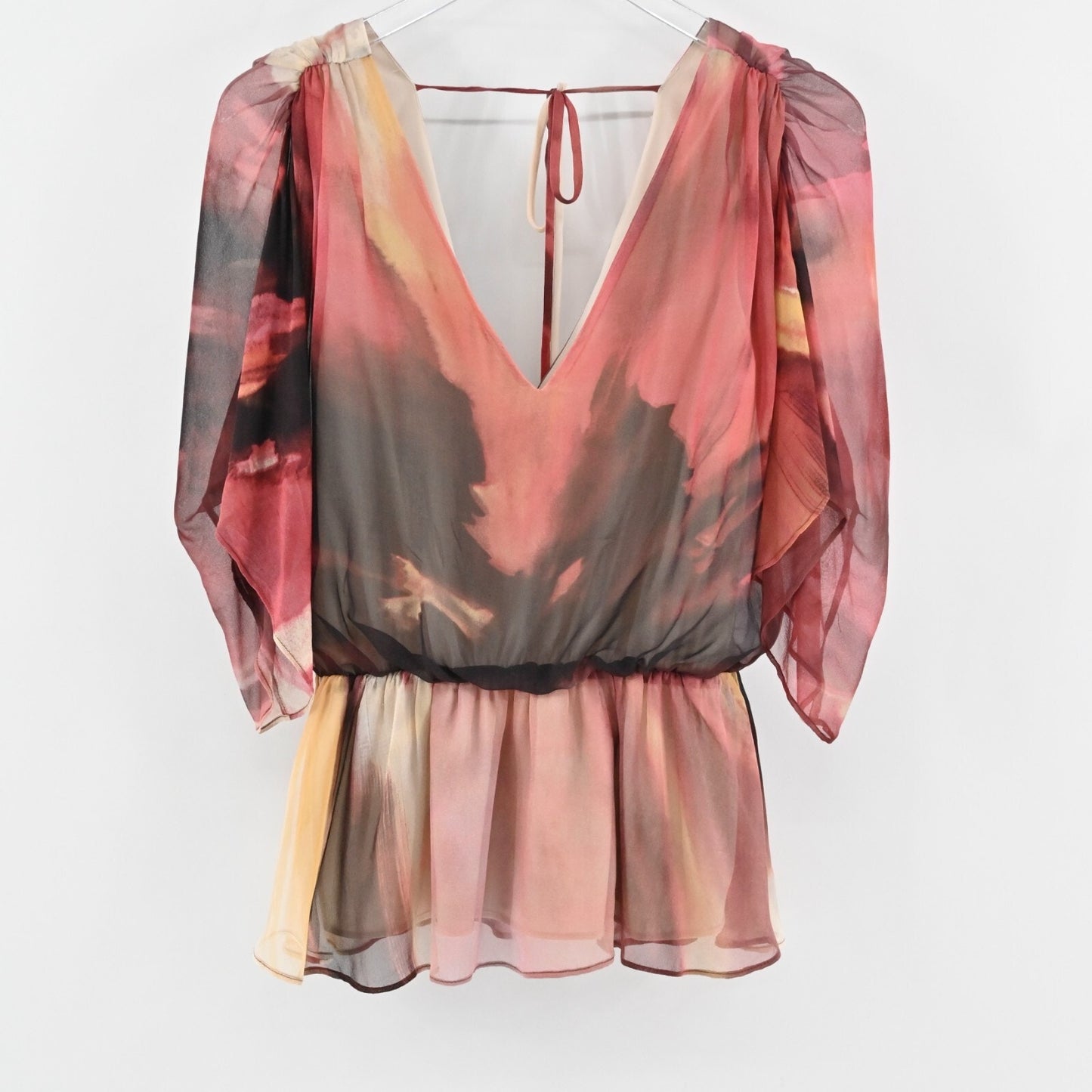 ALICE OLIVIA Womens Silk Peplum TopSize S Fairy Whimsical Pink Brown Blouse