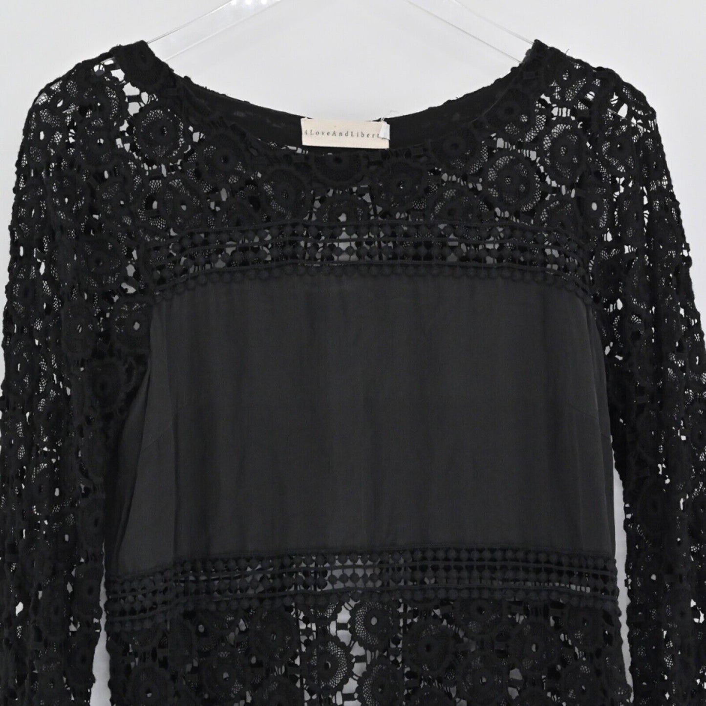 JOHNNY WAS Top Womens Size S Silk Crochet Black Tulip Back 4 LOVE AND LIBERTY