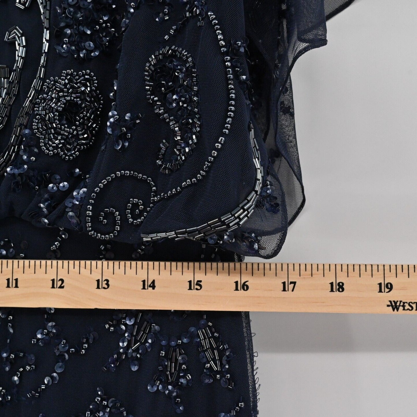 AIDAN MATTOX Dress Size 10 Beaded Sequin Navy Blue Gown Flutter Sleeve Glam FLAW