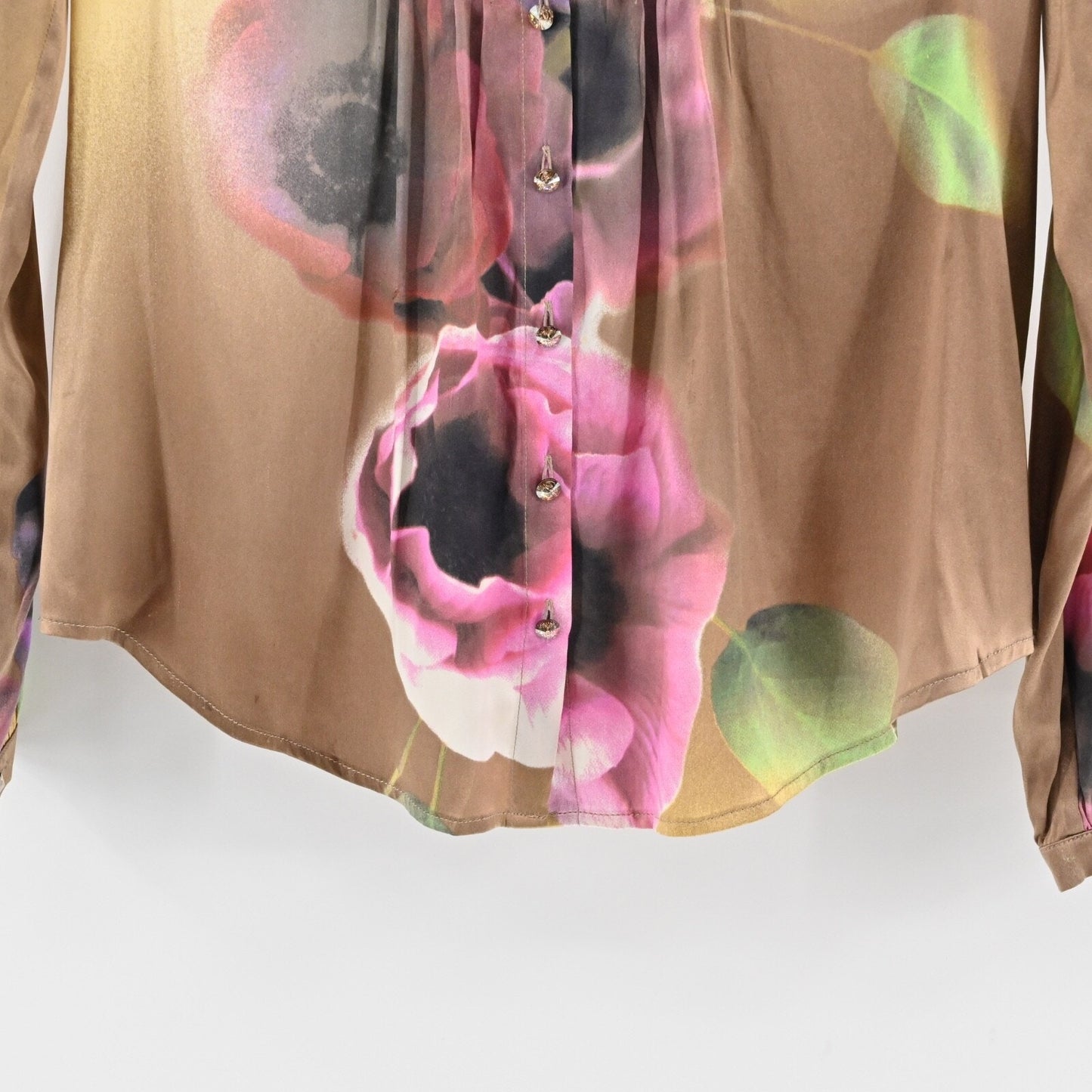 Vtg Y2k ROBERTO CAVALI Womens Silk Top Size 8 Floral Satin V Neck Button Fairy