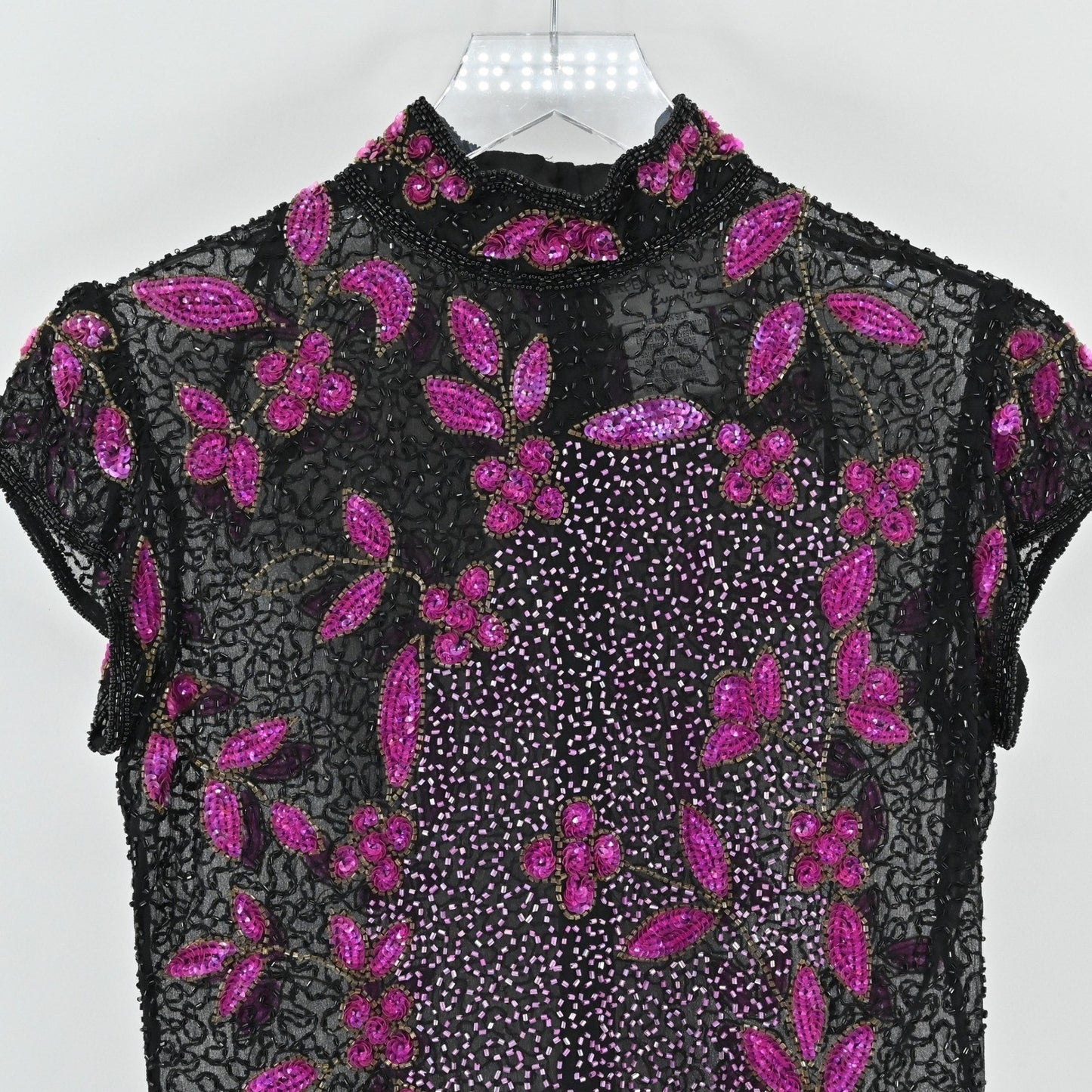 Vtg 80s Papell Boutique Silk Beaded Top Size S Black Pink Sequined Retro Glam