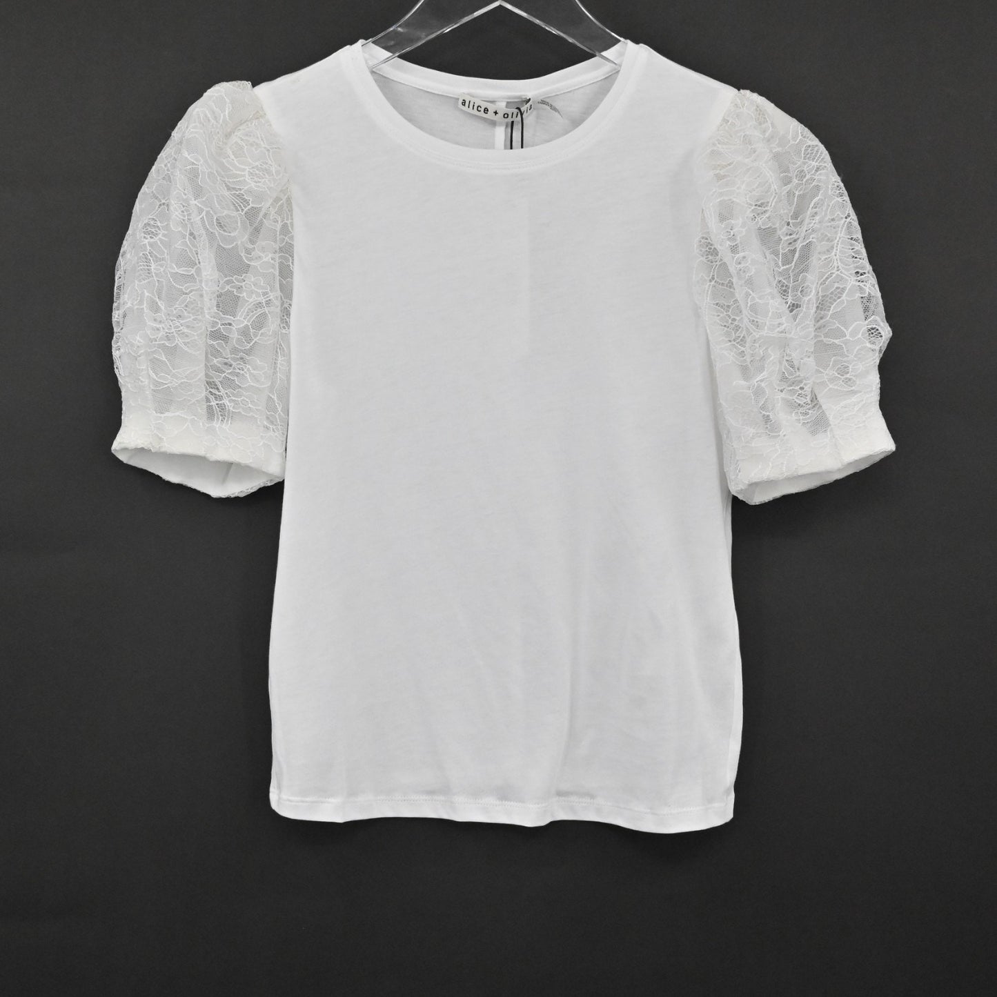 Alice Olivia Womens Posey Top Size XS White Lace Silk Puff Sleeve Chic Blouse