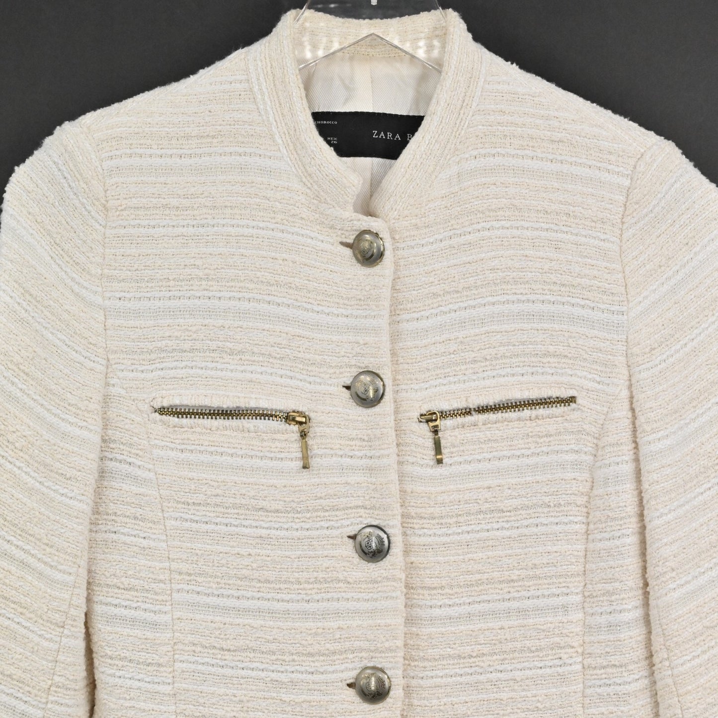 ZARA Womens Tweed Blazer Size S Cream Button Zip Pocket Single Breasted Jacket
