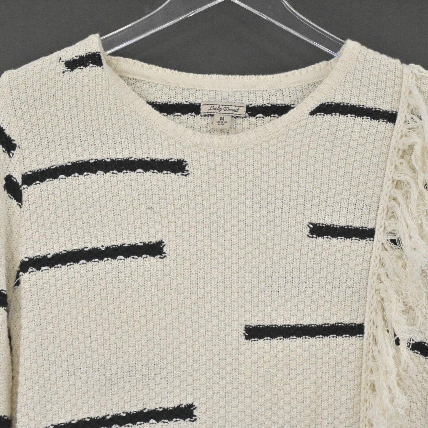 LUCKY BRAND Sweater Womens Sz Medium Fringe Pullover Long Sleeve Stripe Natural