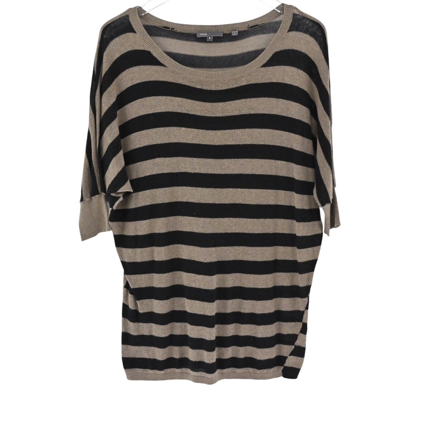 VINCE Top Womens Size S Brown Black Stripe Cotton Sweater Dolman Half Sleeve