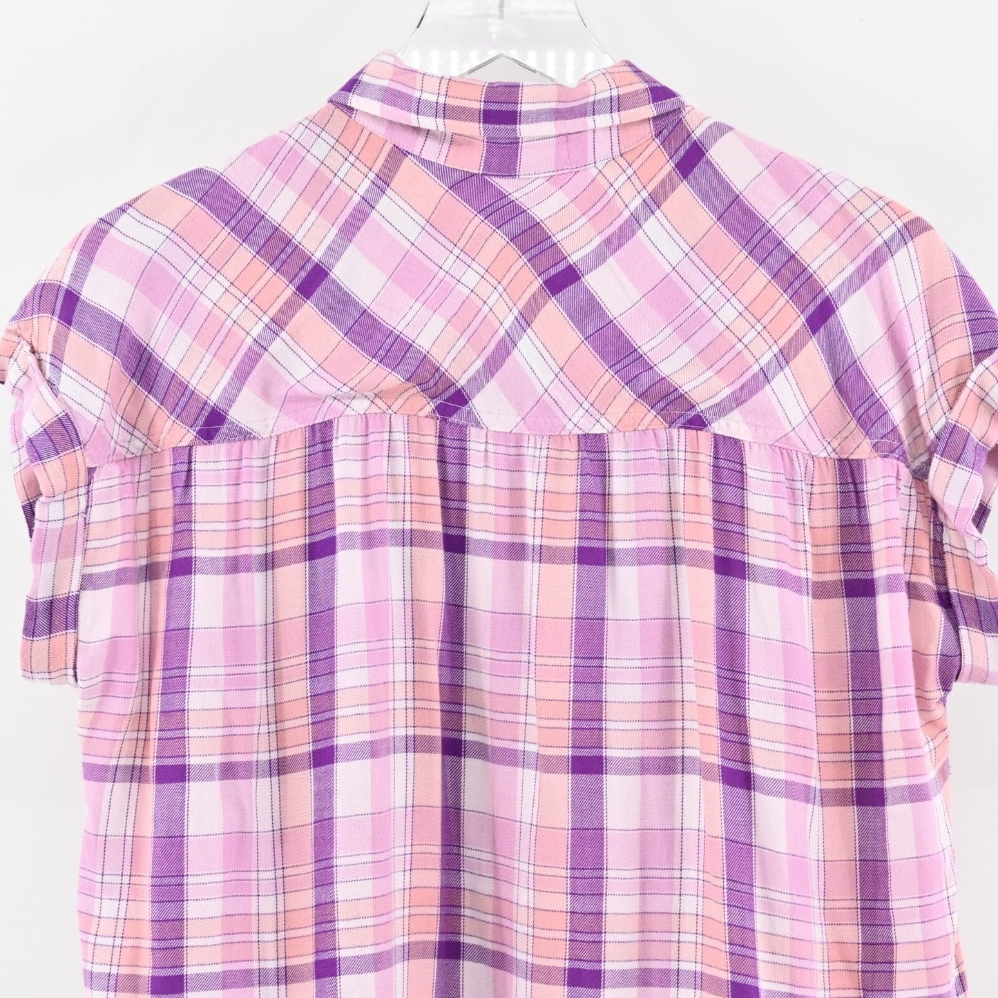 CLOTH STONE Top Womens Sz S Pink Purple Plaid Button Front Short Sleeve Western