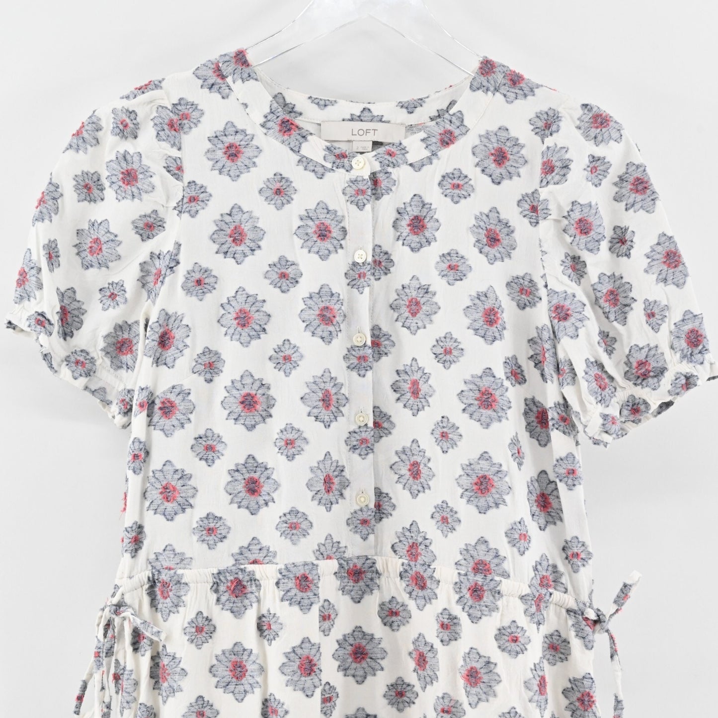 LOFT Dress Size 2 Medallion Print Cinch Side Tie Midi Blue White Short Sleeve