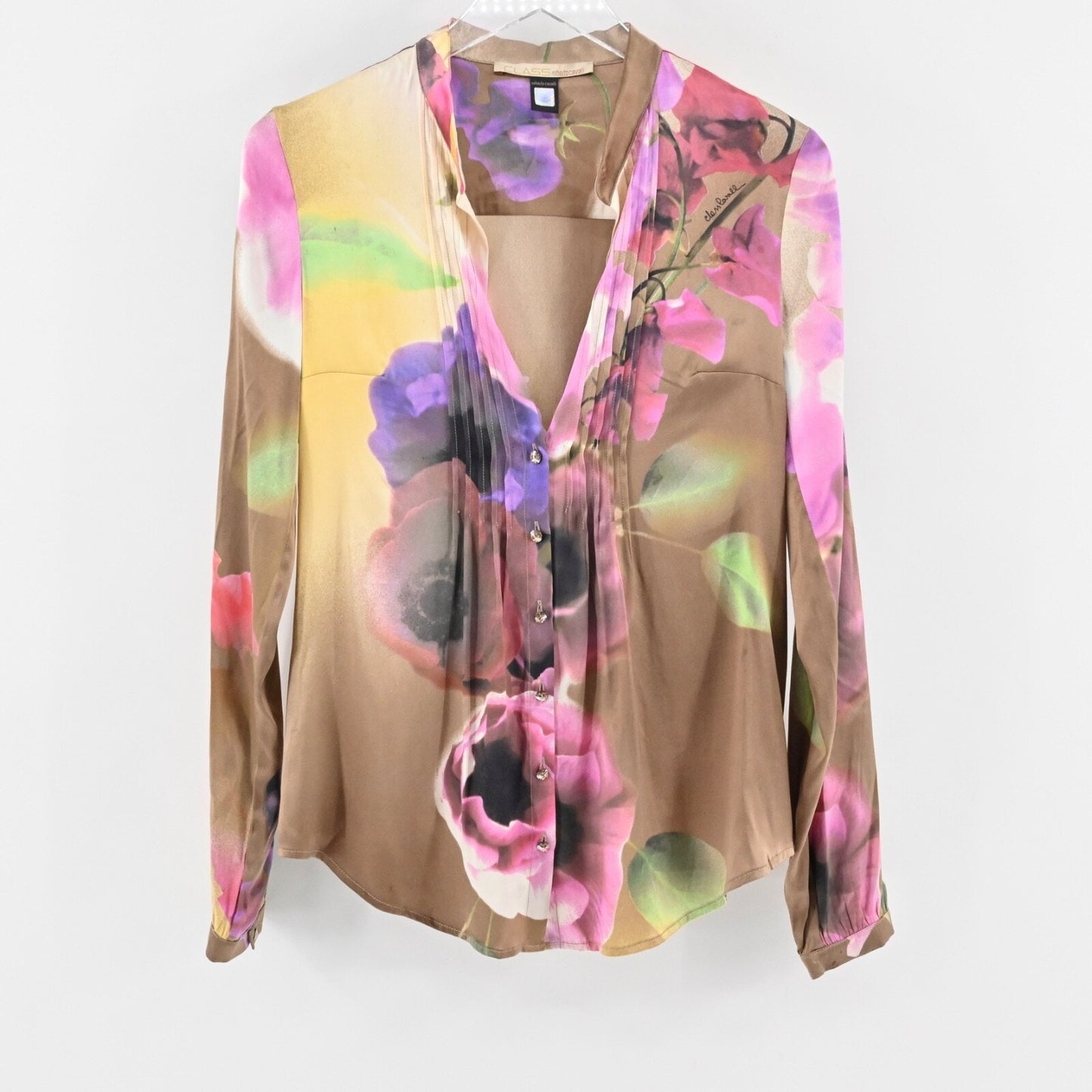 Vtg Y2k ROBERTO CAVALI Womens Silk Top Size 8 Floral Satin V Neck Button Fairy