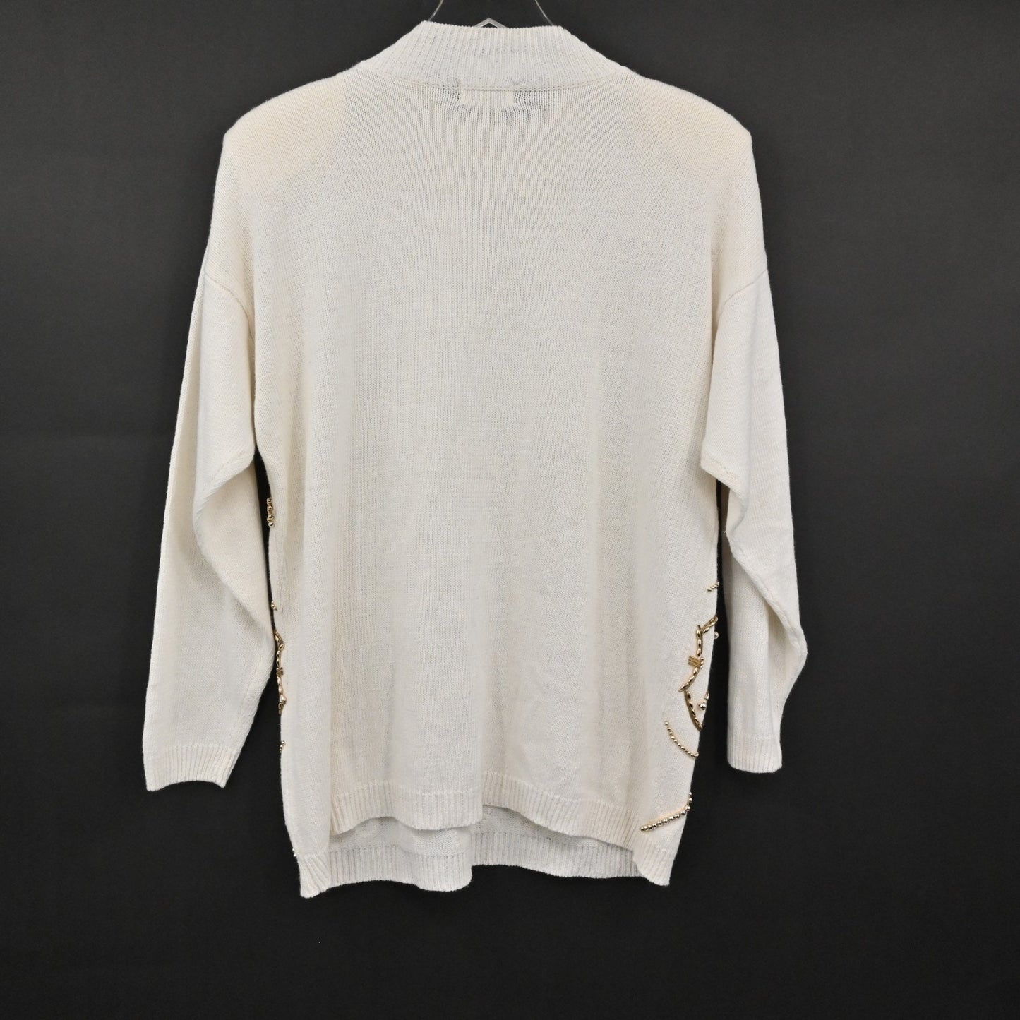 Vtg 80s Womens Gold Beaded Sweater Sz M Cream Victoria Jones Knit Fleur De Lis