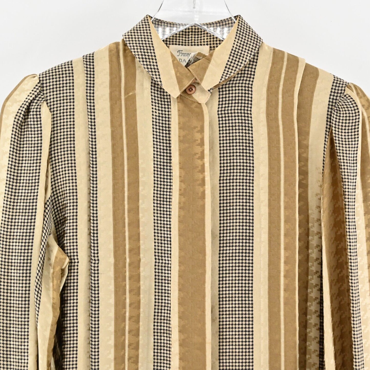 Vtg Silk Blouse Womens Sz 8 Houndstooth Top Stripe Collar Office Siren Academia