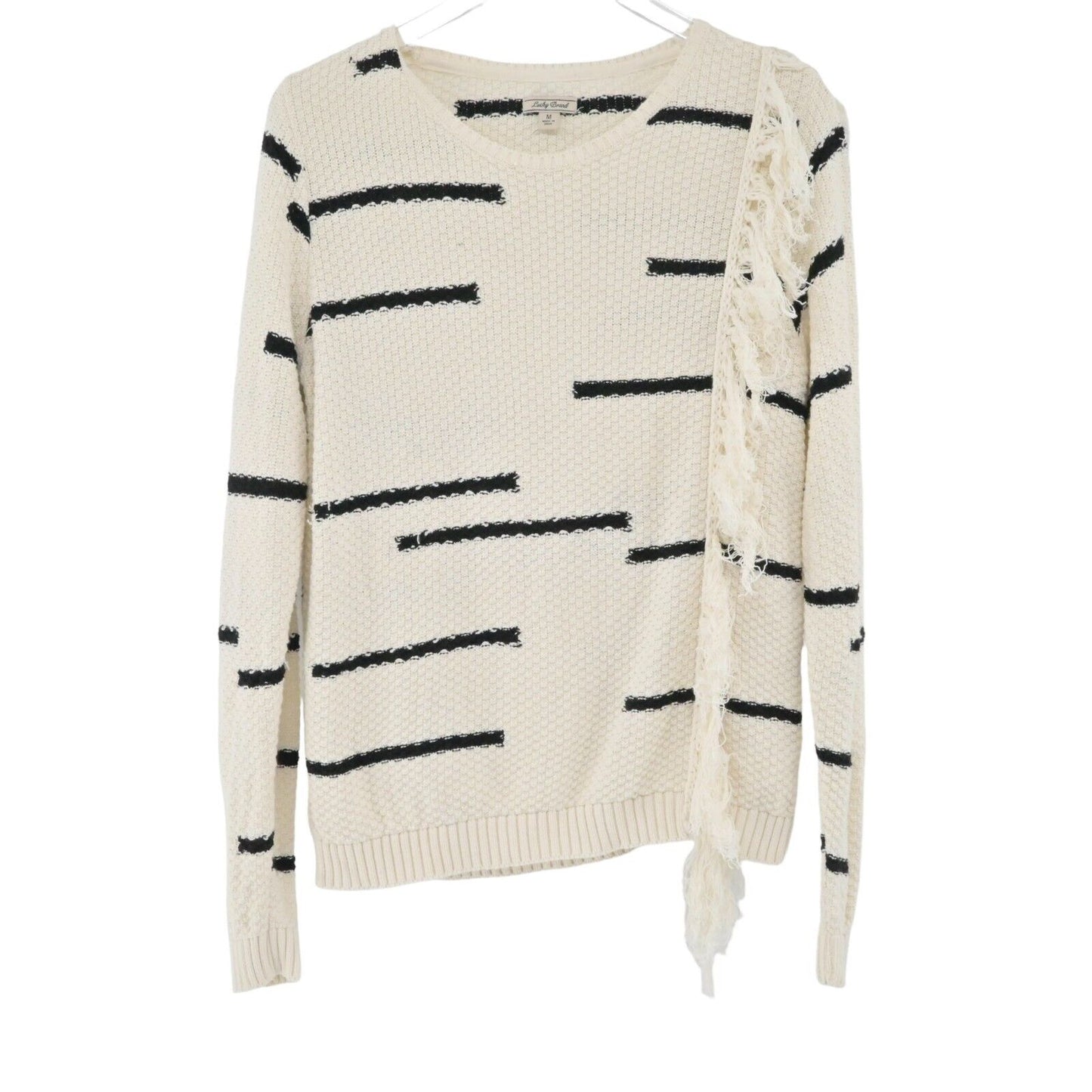 LUCKY BRAND Sweater Womens Sz Medium Fringe Pullover Long Sleeve Stripe Natural