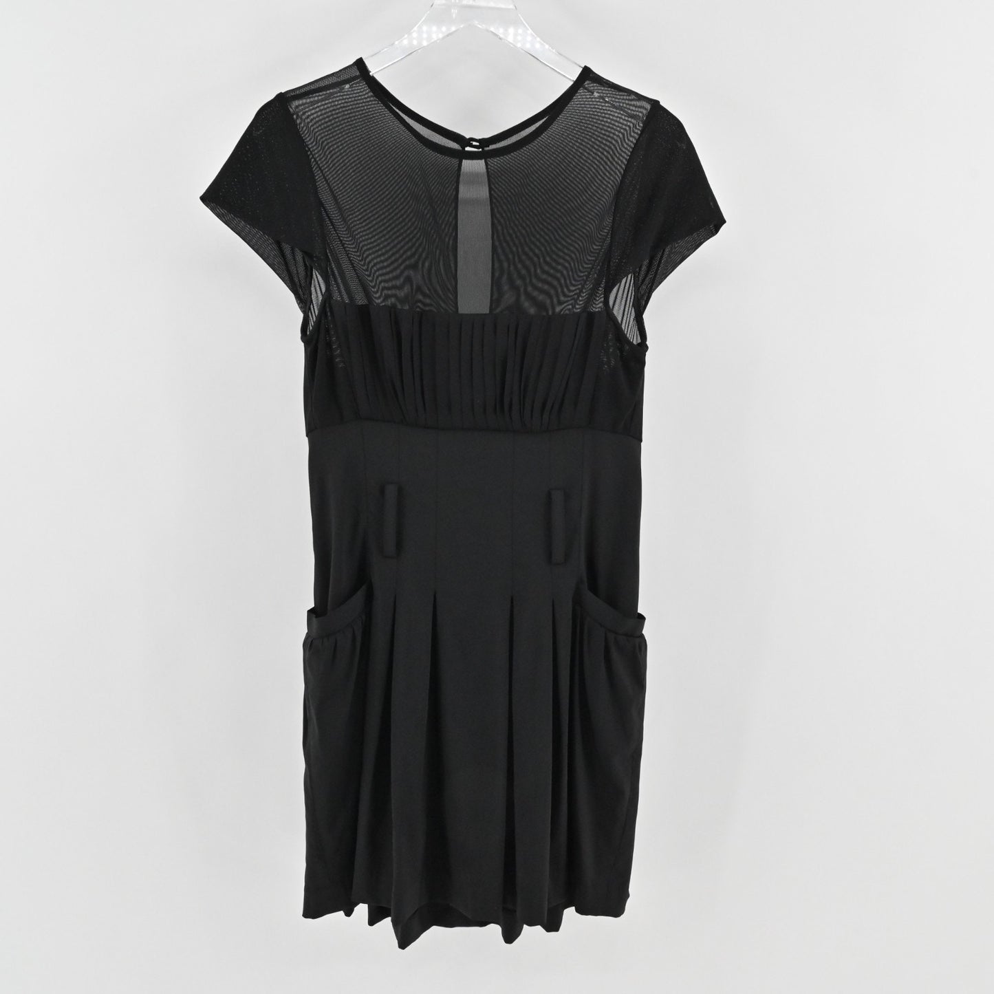 Alice Olivia Black Pleated Dress Size 10 Wool Blend Sheer Short Sleeve Mini