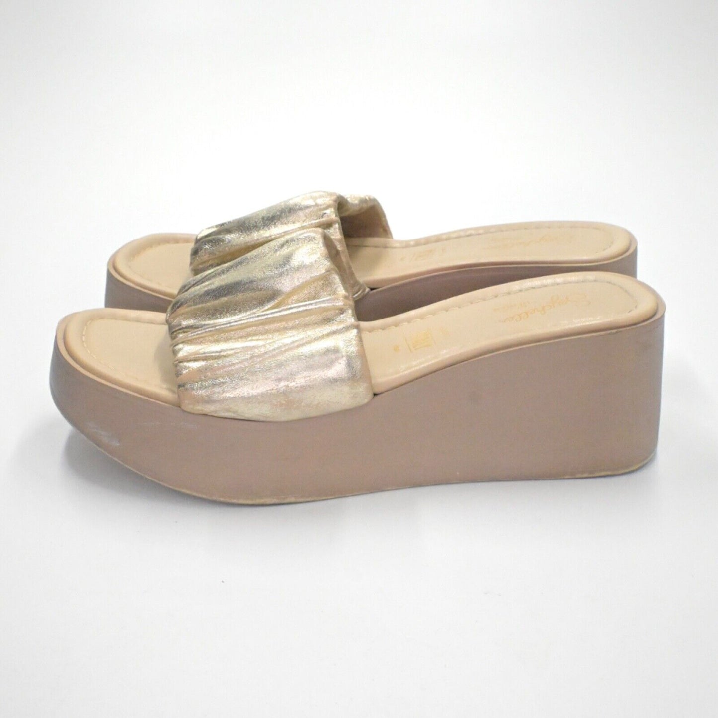 SEYCHELLES Sandals Womens Sz 8 Gold Metallic Leather Coney Island Slide Platform