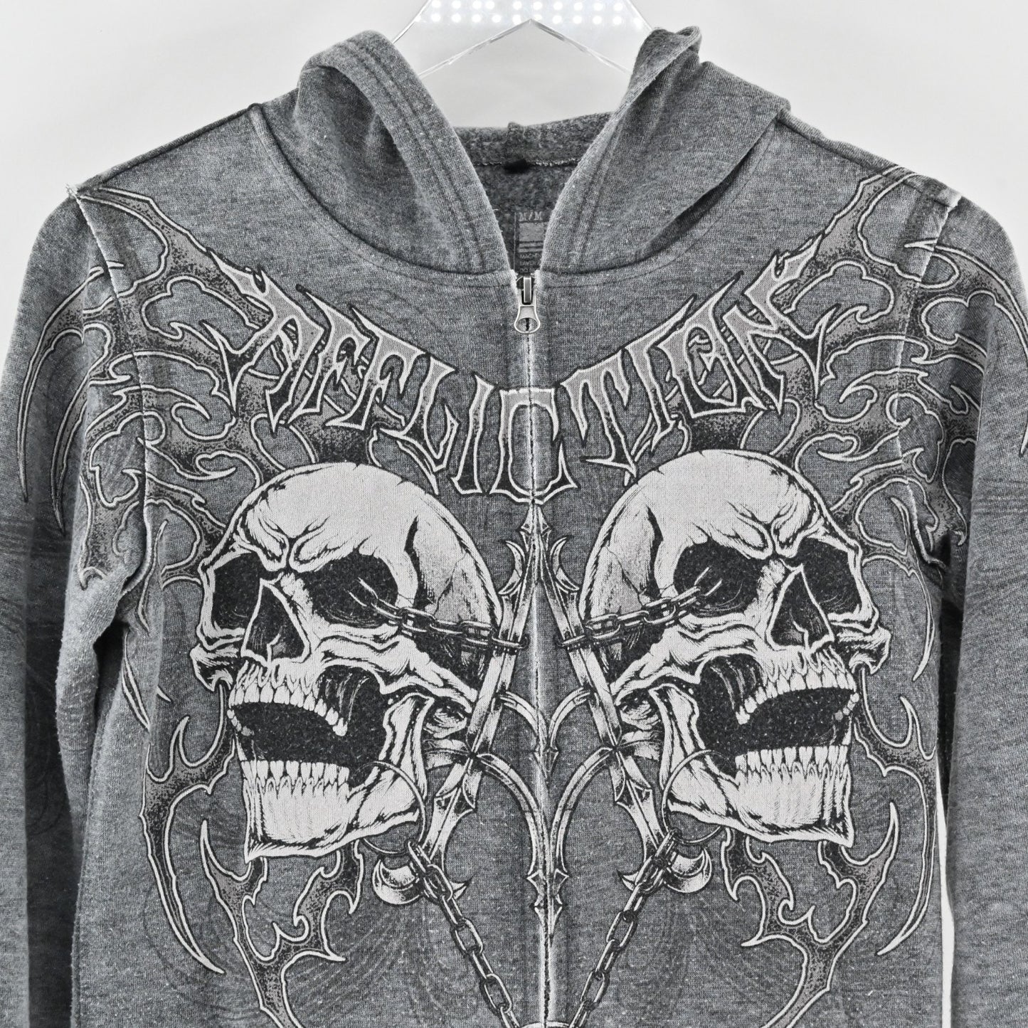 Affliction Womens Shred Fest Full Zip Jacket Size M Gray Black Hooded Skull Rock