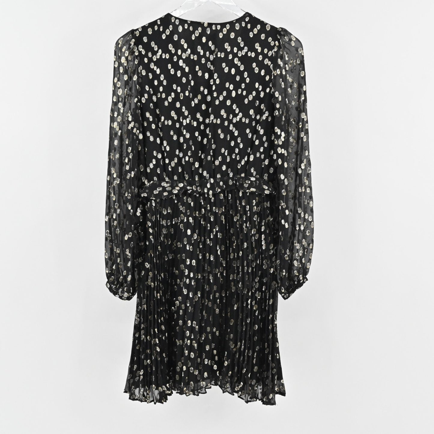 A LOVES A Metallic Dress Size S Black Gold Dot Silk Blend VNeck Accordion NEW