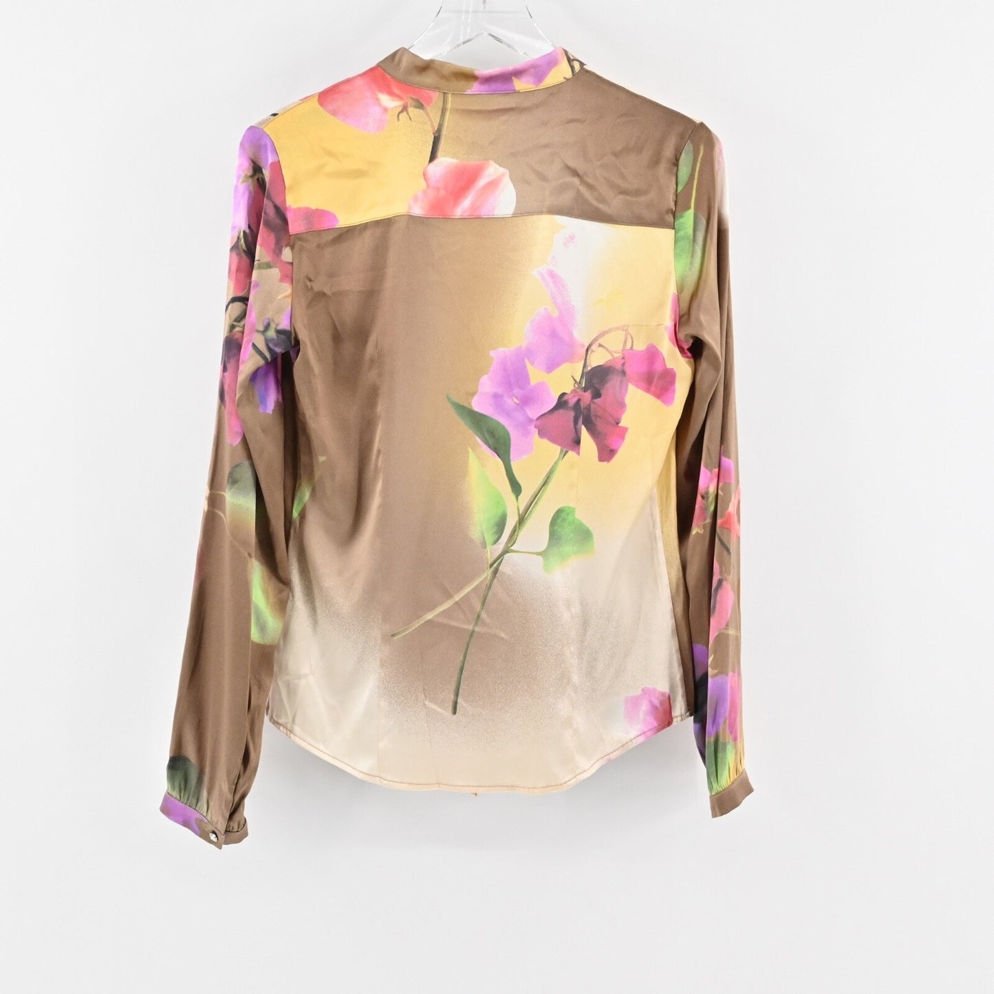 Vtg Y2k ROBERTO CAVALI Womens Silk Top Size 8 Floral Satin V Neck Button Fairy