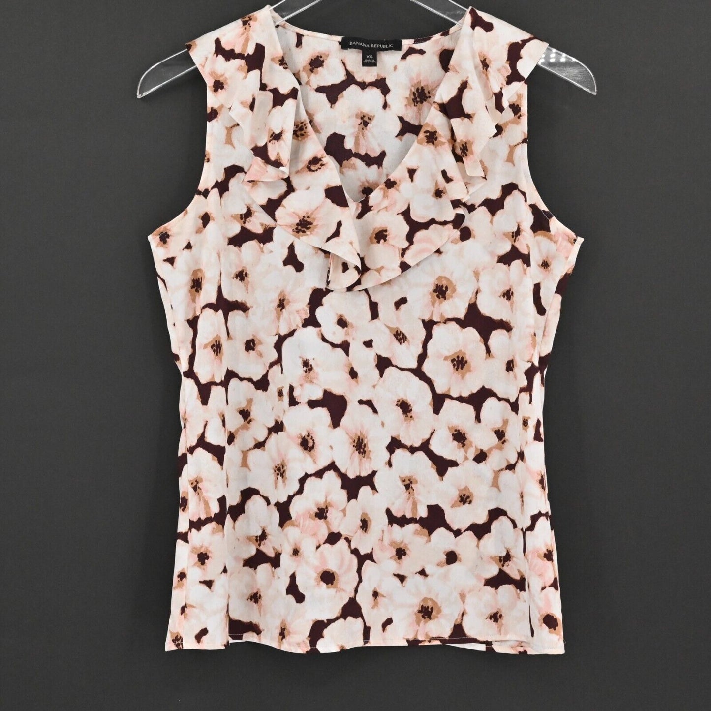BANANA REPUBLIC Top Womens Sz XS Burgundy Blush Floral Sleeveless Ruffle V Neck