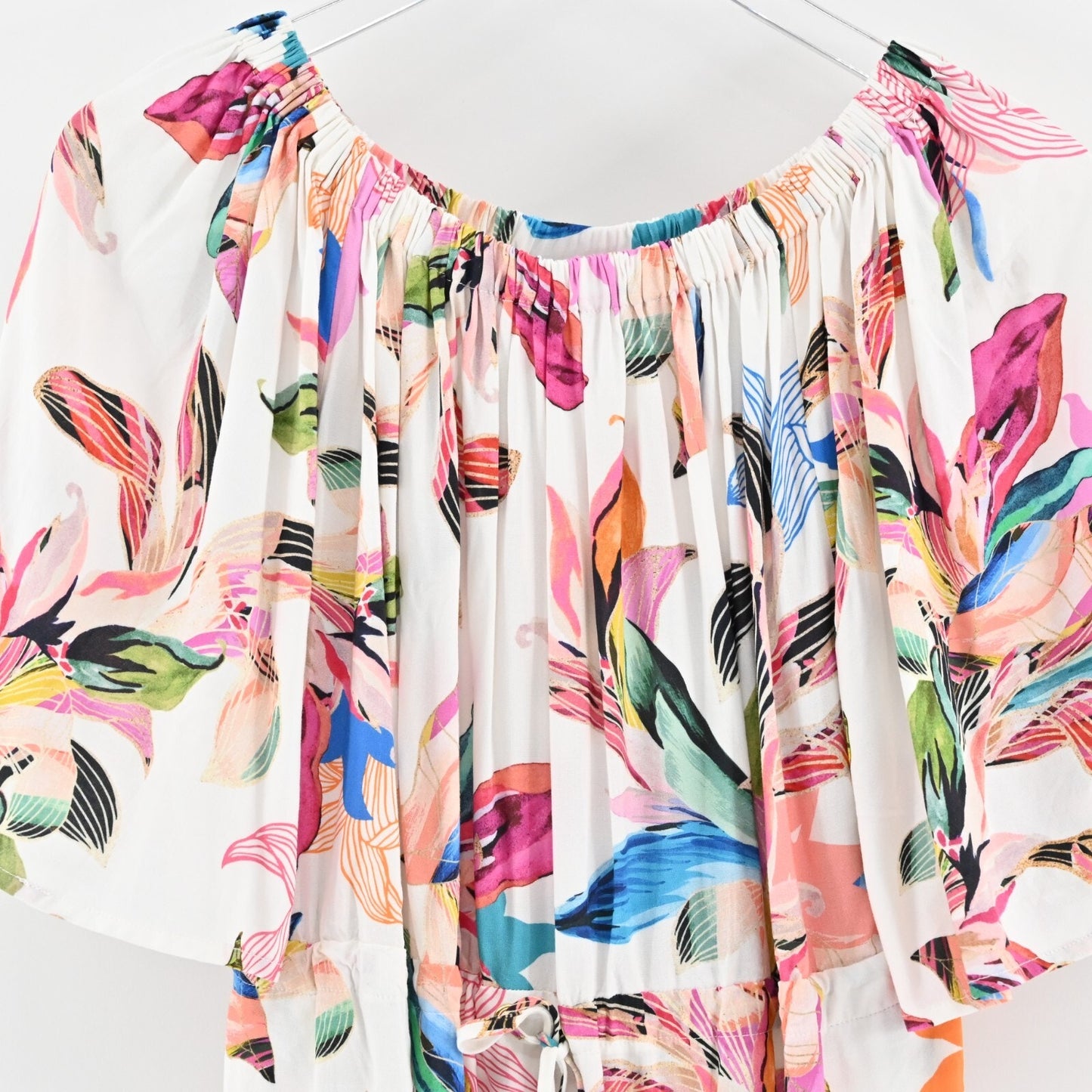 LA BLANCA Dress Size L Paradise Floral ALine Mini White Multi Off Shoulder