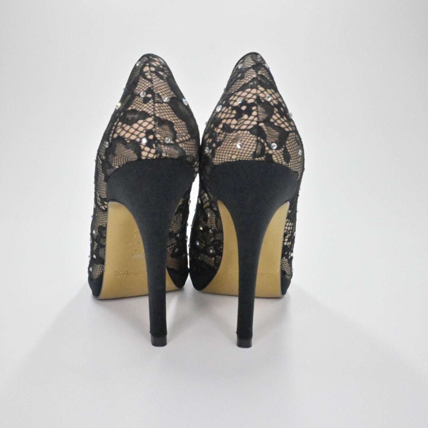 BENJAMIN ADAMS Pumps Womens Sz 7.5 Black Lace Rhinestone Peep Toe Stiletto Heel