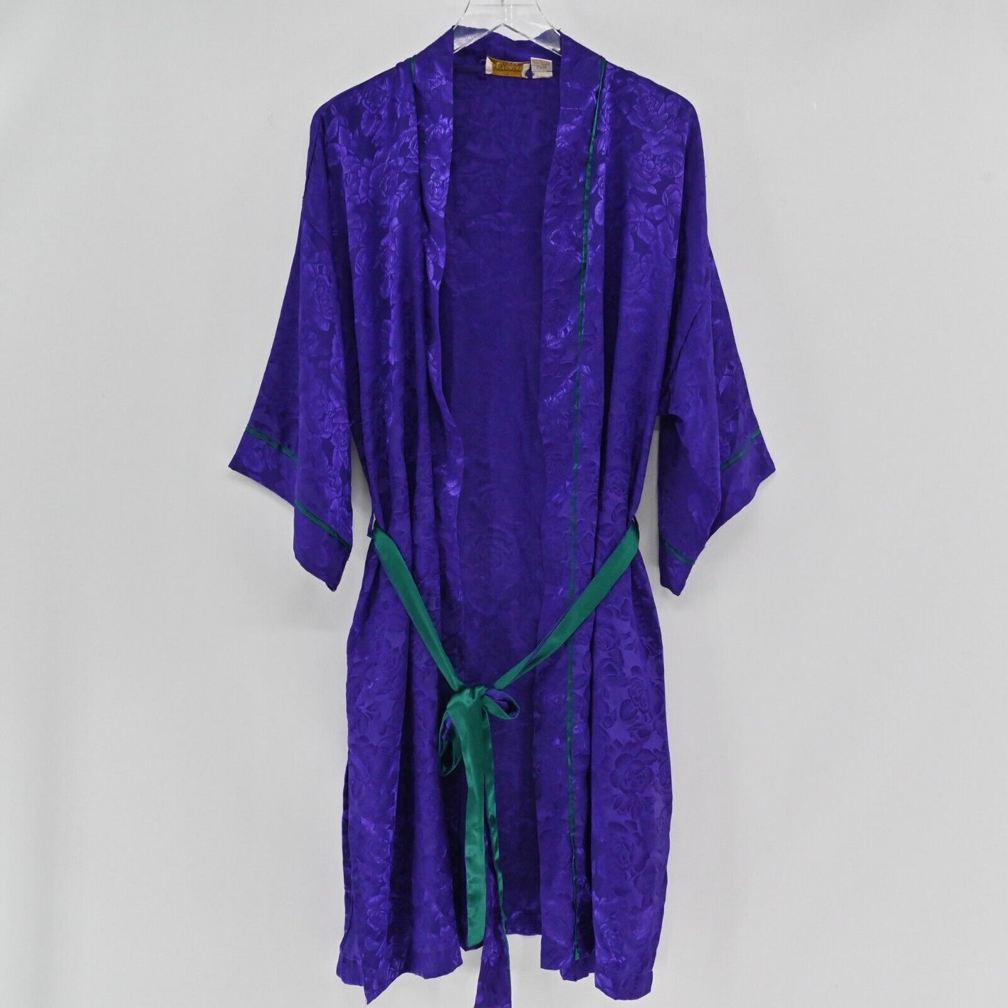 Vtg VICTORIAS SECRET Robe Womens Size OS Long Purple Satin Floral Tie Gold Label