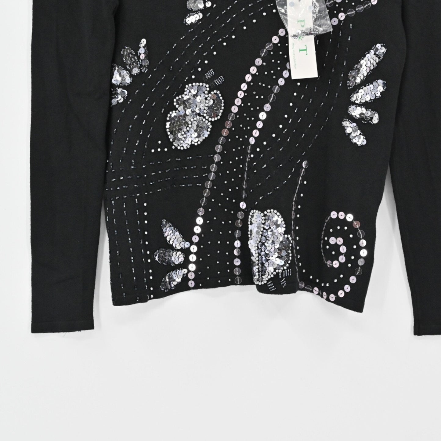 Vtg Y2k Sequin Floral Sweater Womens Size XS Black Knit Beaded Hippie Dead Stock