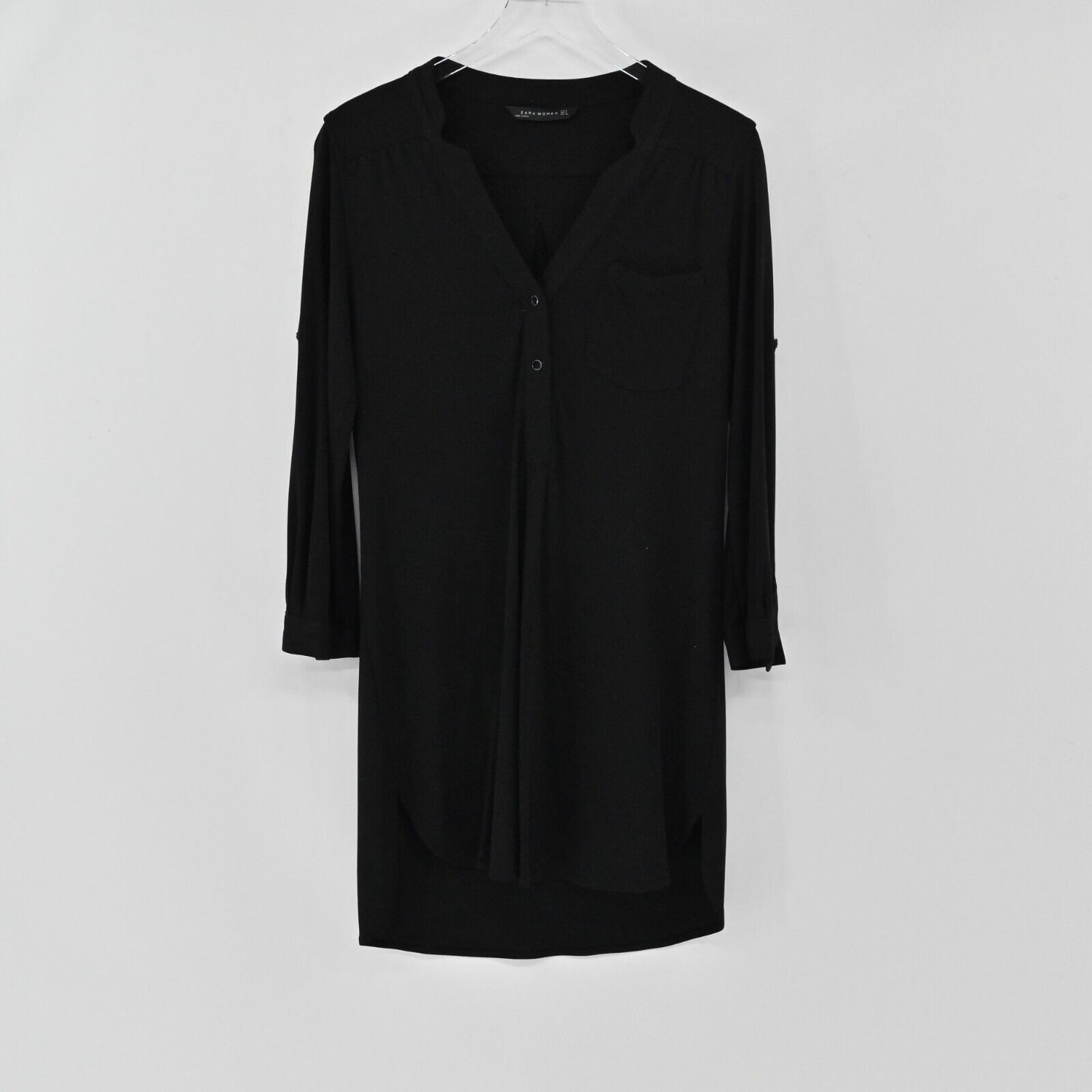 ZARA Dress Womens Size S Solid Black VNeck Shirt Style Relaxed Roll Tab Sleeve