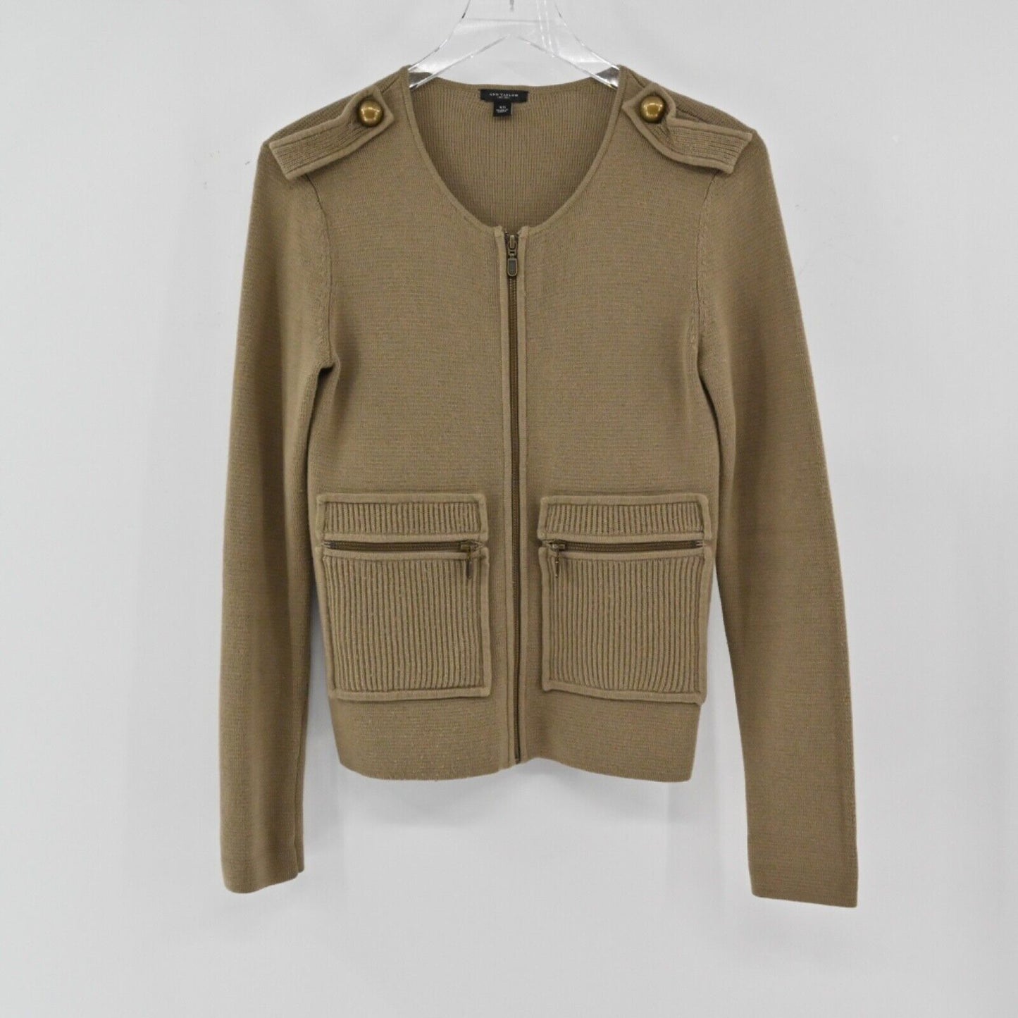 ANN TAYLOR Cardigan Womens Size XS Brown Military Full Zip Cotton Wool Retro Y2K