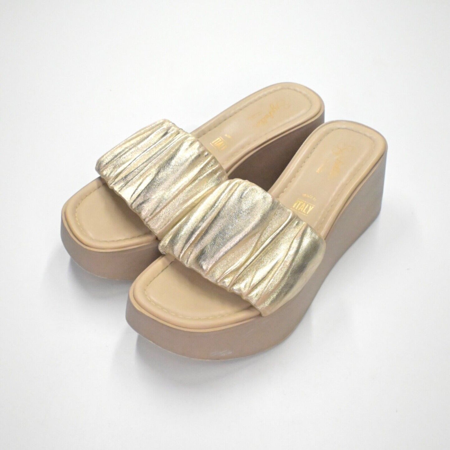 SEYCHELLES Sandals Womens Sz 8 Gold Metallic Leather Coney Island Slide Platform