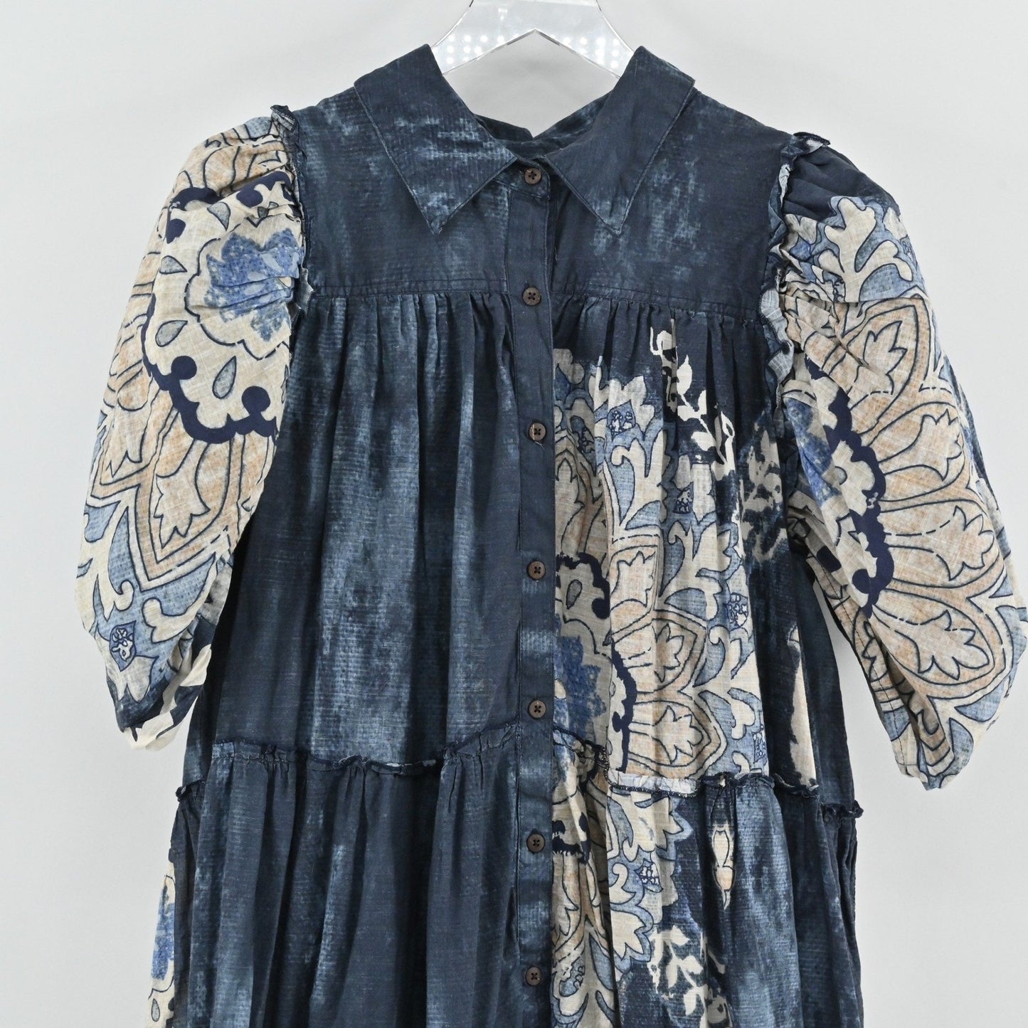 Anthropologie Let Me Be Puff Sleeve Patchwork Shirt Dress Sz XL Tiered Midi Boho