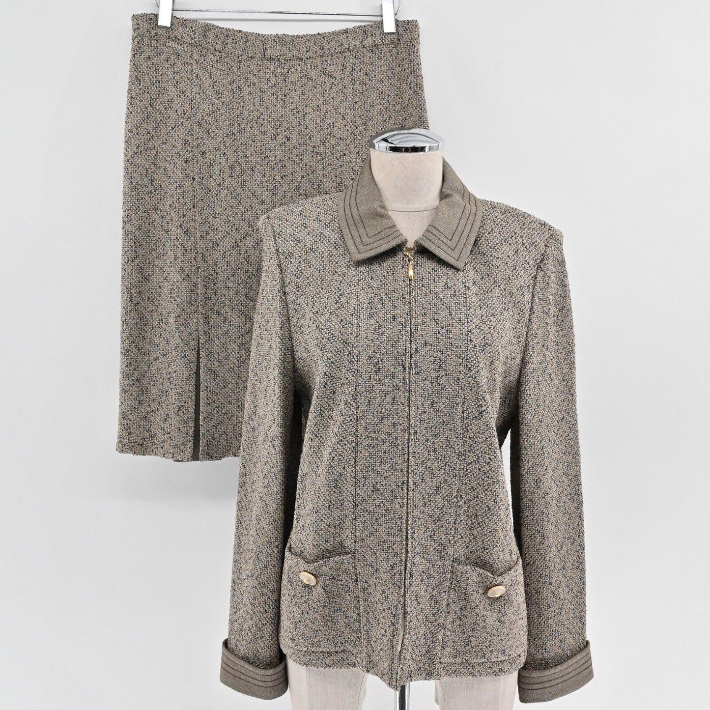 Vtg ST JOHN Skirt Suit Sz 8/10 Santana Knit Brown Marled Full Zip Jacket Pleated