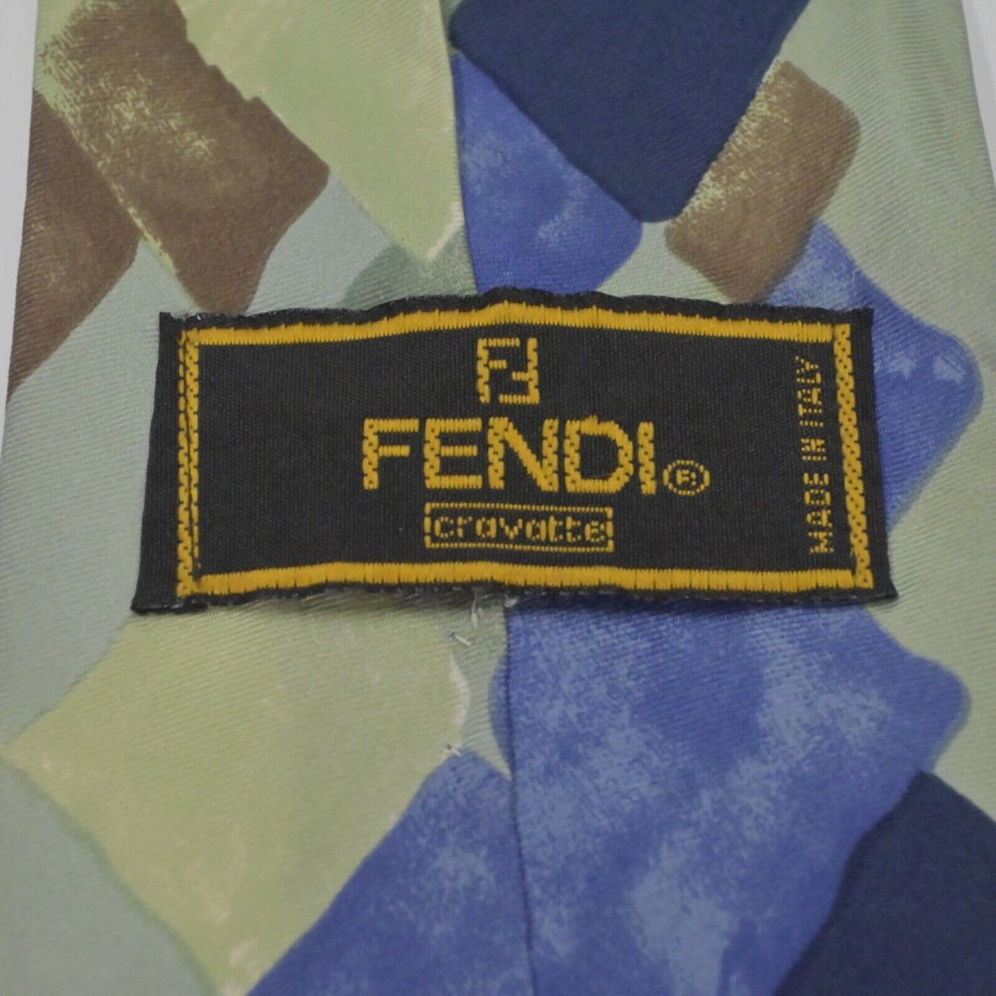 Vtg FENDI Dress Tie Mens Silk Made In Italy Geometric Watercolor Green Blue 80s