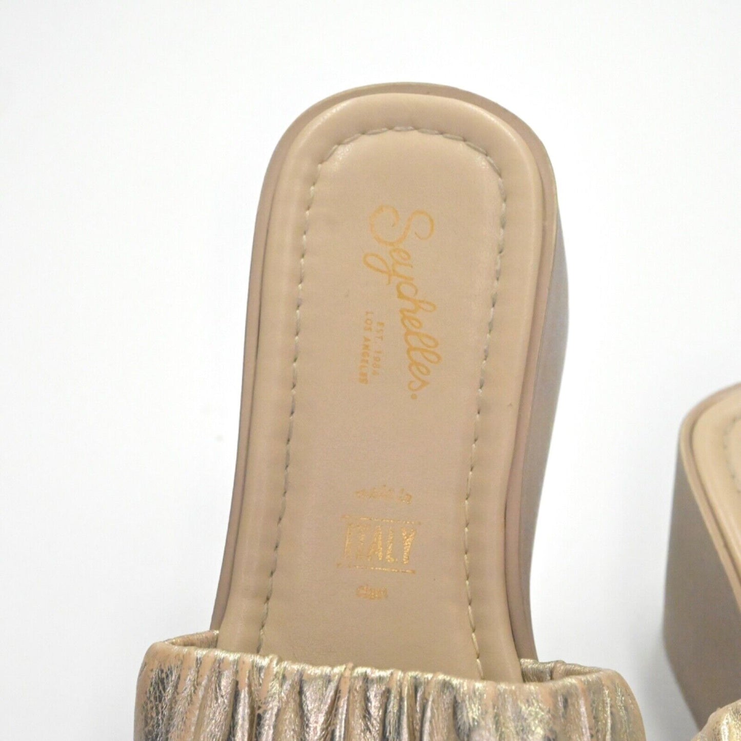SEYCHELLES Sandals Womens Sz 8 Gold Metallic Leather Coney Island Slide Platform