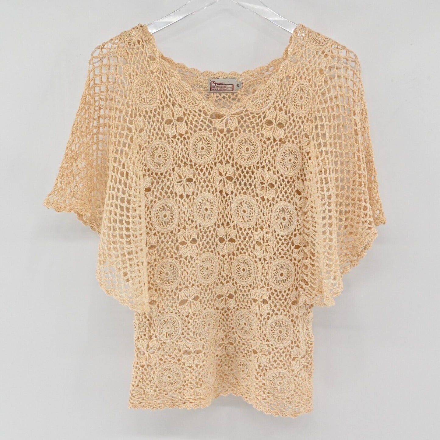 Vtg SK IMPORTS Crochet Top Womens Sz S Handmade Knit Boho Flutter Festival Fairy