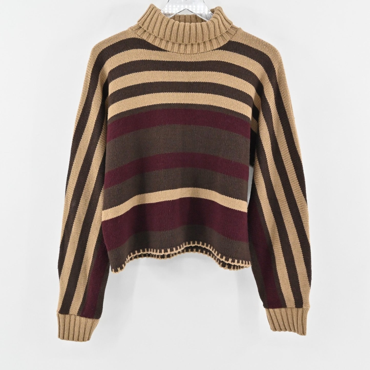 525 AMERICA Womens Striped Sweater Size L Brown Tan Turtleneck Knit Whipstitch