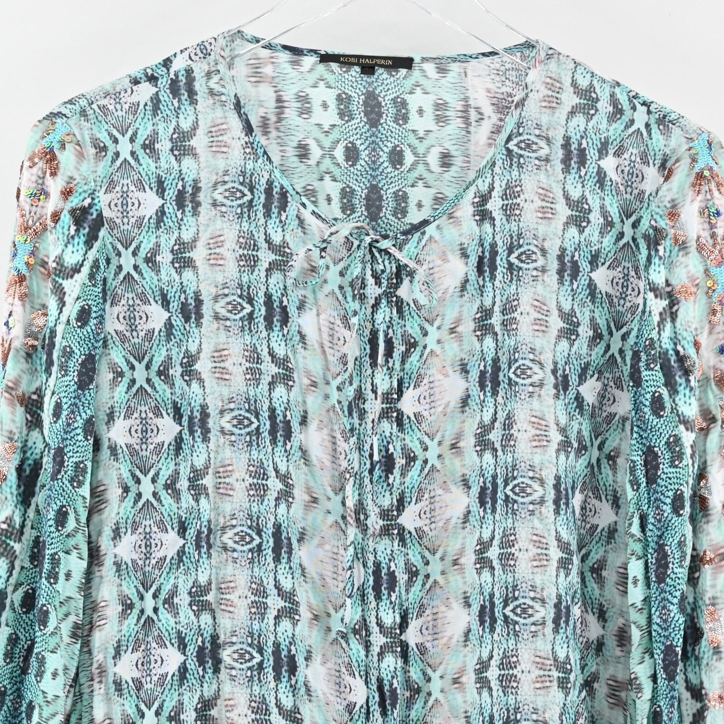 KOBI HALPERIN Womens Lapenna Top Sz XL Blue Snake Print Sequin Peasant Blouse