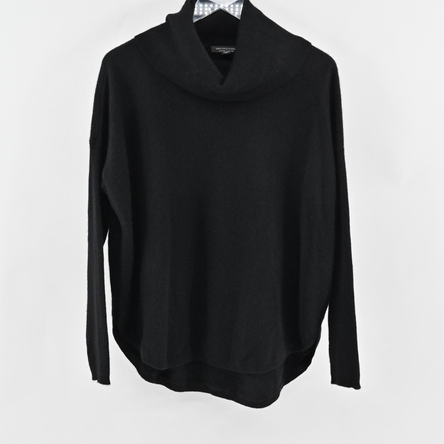SAKS FIFTH AVENUE Womens Cashmere Sweater Size S Black Knit Cowl Neck Curve Hem