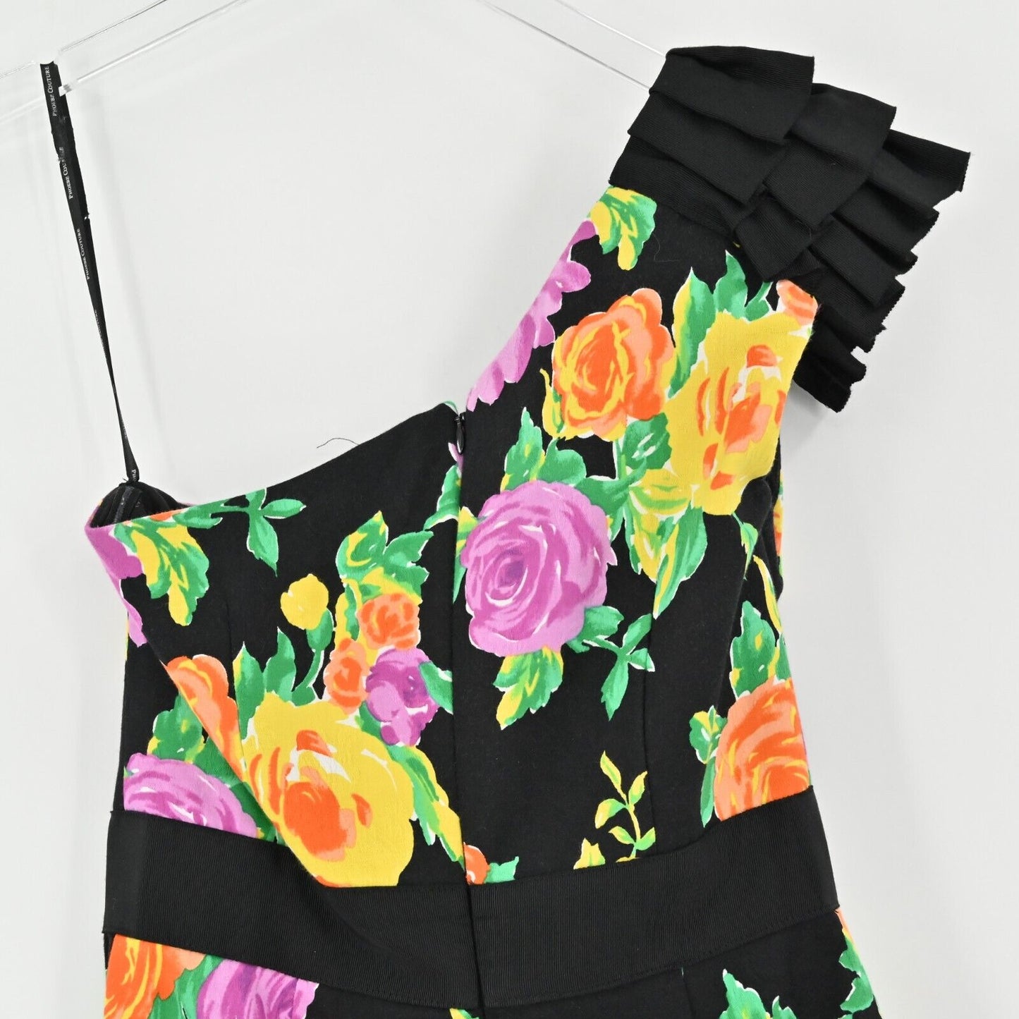 PHOEBE COUTURE Womens Size 2 One Shoulder Black Floral Dress Gathered Pleated