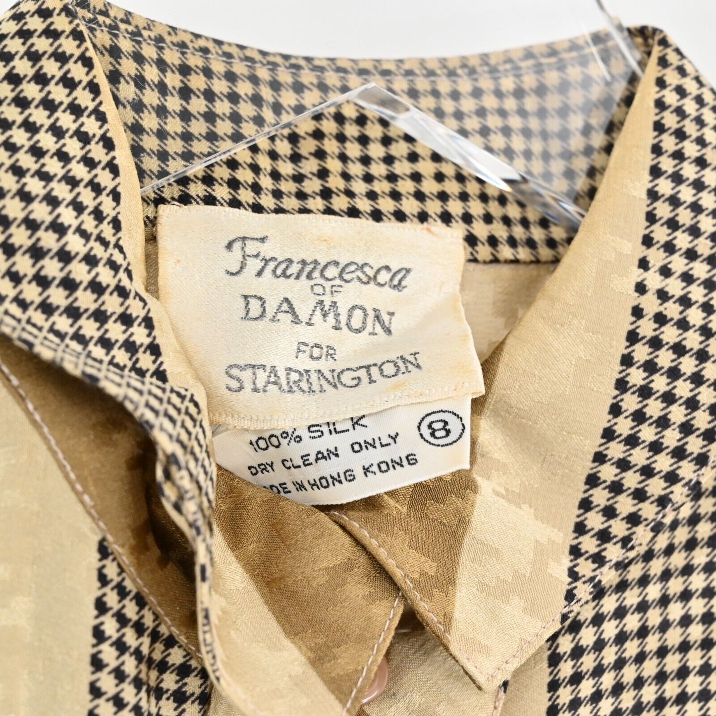 Vtg Silk Blouse Womens Sz 8 Houndstooth Top Stripe Collar Office Siren Academia