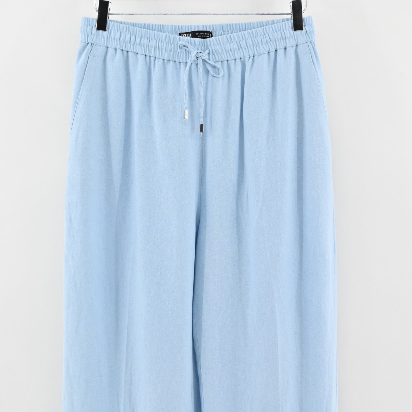 Zara Womens Blue Wide Leg Pants Size L Drawstring Waist High Rise Linen Blend