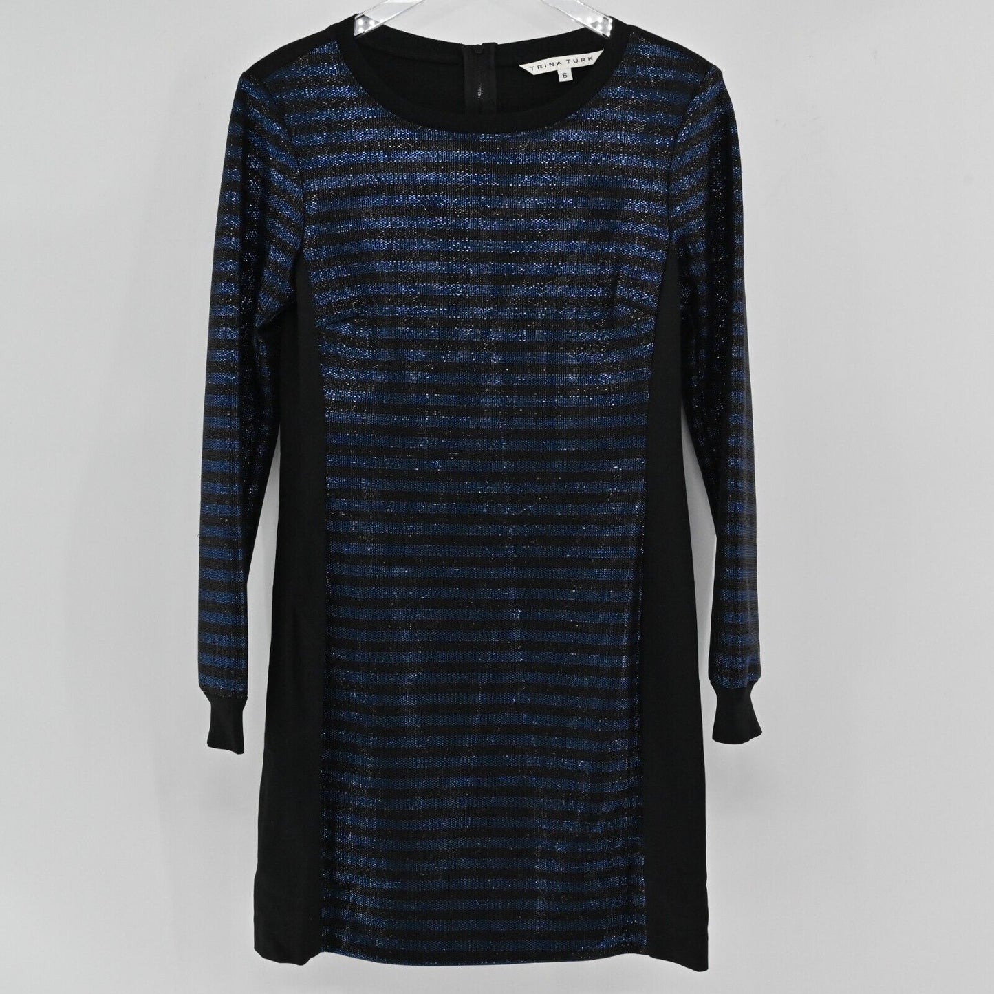TRINA TURK Dress Womens Sz 6 Metallic Black Blue Stripe Scoop Neck Mini Sweater