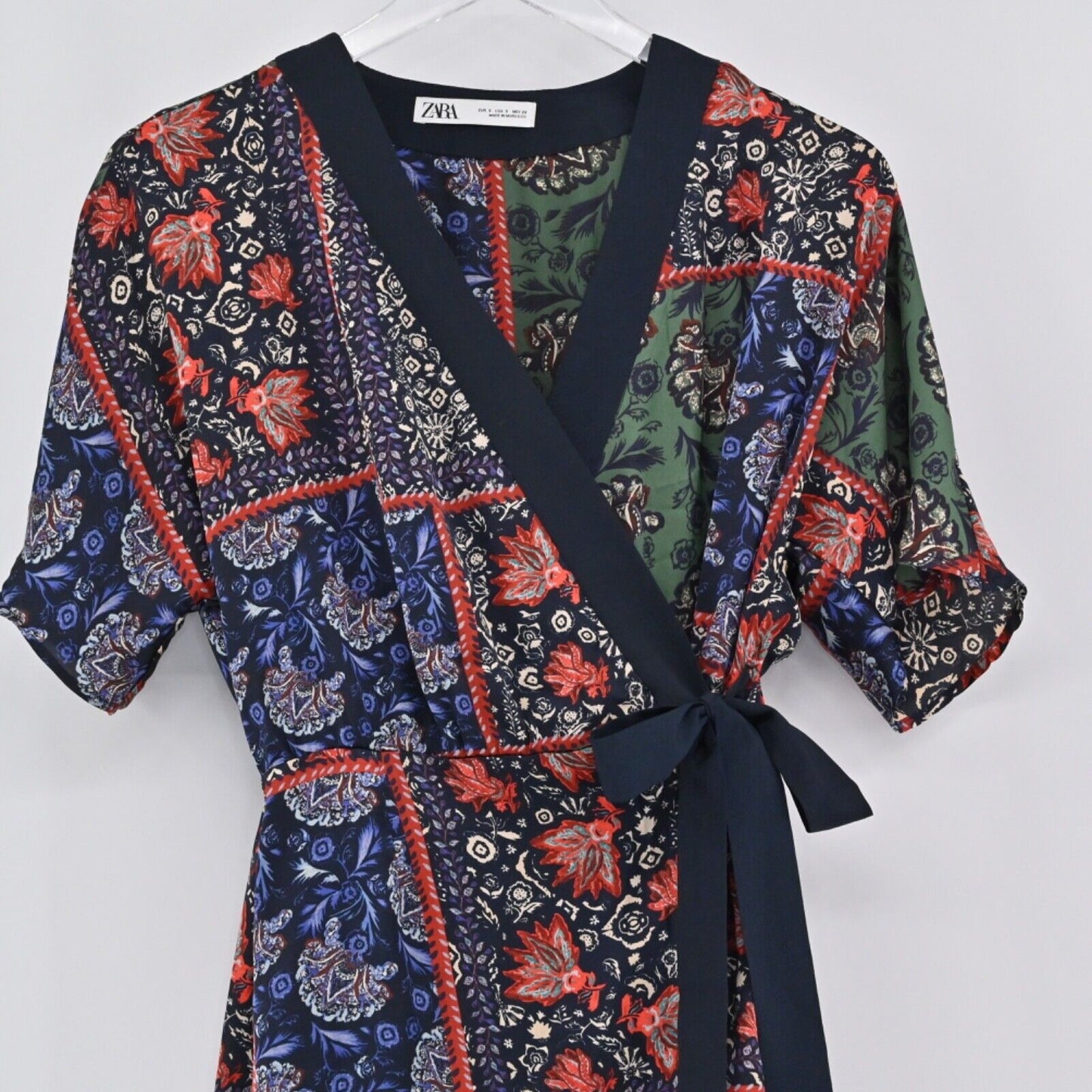ZARA Dress Womens Sz Small Floral Wrap Mini Patchwork Boho Kimono Dolman Sleeve